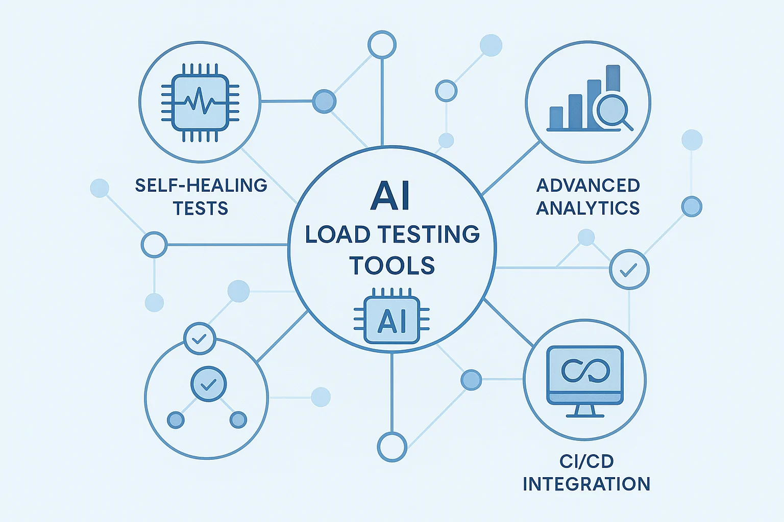 A collaborative work environment where a team of engineers monitors performance testing on multiple screens showing CI/CD pipeline stats, with AI enhancements highlighted. Style: modern and tech-forward with emphasis on teamwork and technology.