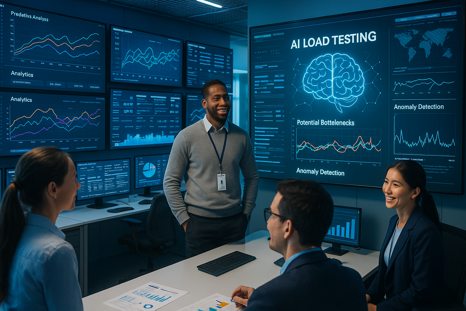 A composite, photorealistic scene depicting a futuristic control room filled with various digital screens displaying analytics and predictive models. Engineers in modern work attire are observing AI-driven load testing tools at work, with charts showing potential bottlenecks and anomaly detection. The atmosphere is vibrant and optimistic, reflecting a high-tech and efficient environment.