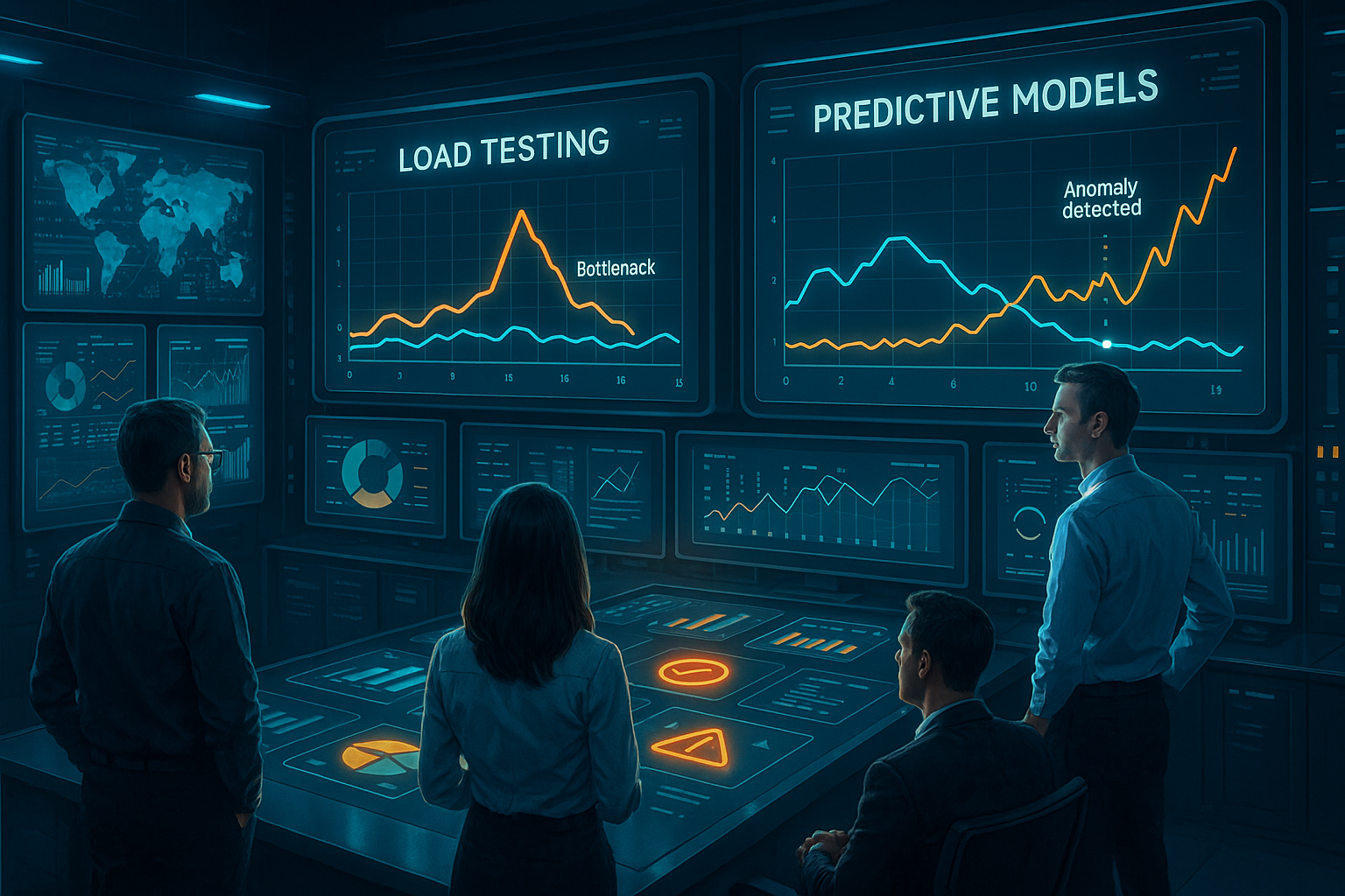 A 3D isometric render depicting a test script automation process, with glowing AI elements dynamically generating scripts over a grid of code and defect icons. Highlight the process of replacing manual scripting with AI-driven automation in a clean, organized layout. The background is slightly dark with bright accents for emphasis.