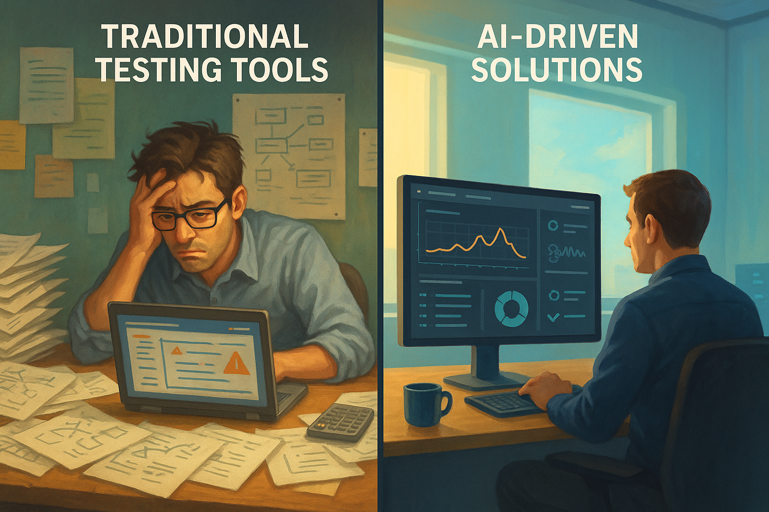 A cinematic-style illustration of a side-by-side comparison between traditional testing tools and AI-driven solutions, showing contrasting scenes. On one side, a tester overwhelmed with complex manual tasks and papers; on the other, a smooth operation without clutter, featuring a dashboard with real-time analytics and intuitive feedback. Use a bright, balanced palette for clarity.