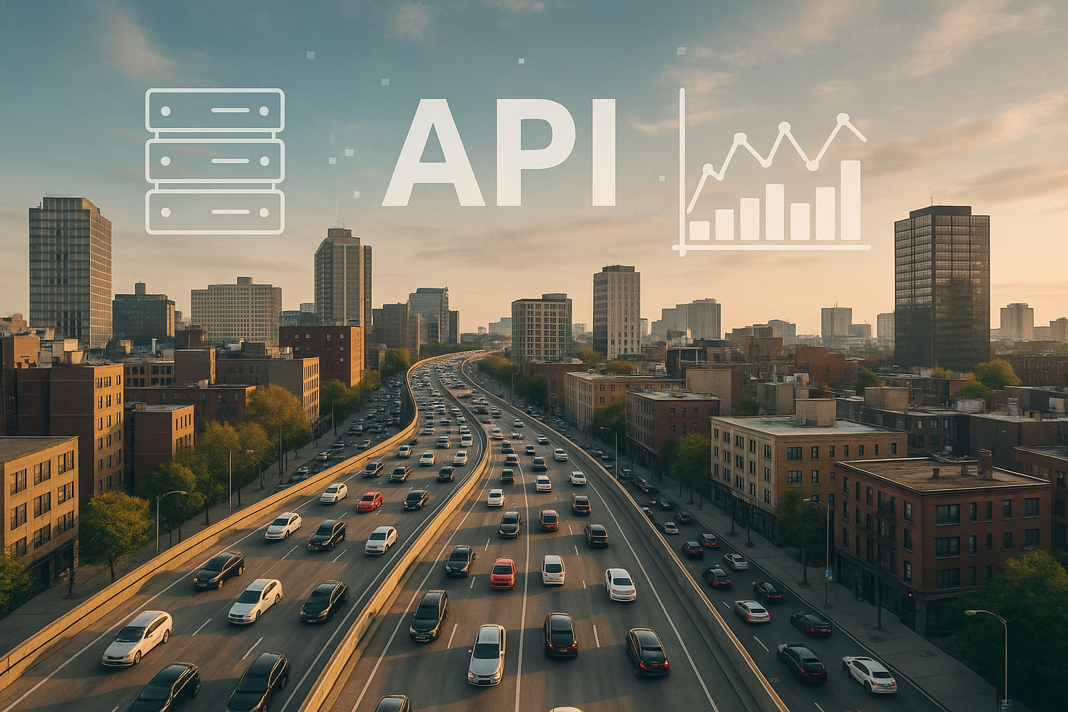 A photorealistic composite illustrating API load testing. Show a busy urban traffic system under control, symbolizing a well-managed API under stress. Cars flow smoothly through a vibrant city with modern technology overlays, like data charts and server icons, subtly in the sky. Composition: aerial view capturing city layout and smooth traffic flow.