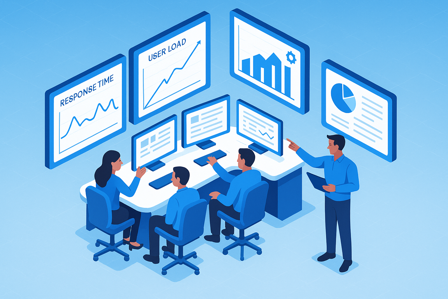 An isometric illustration of a load testing environment