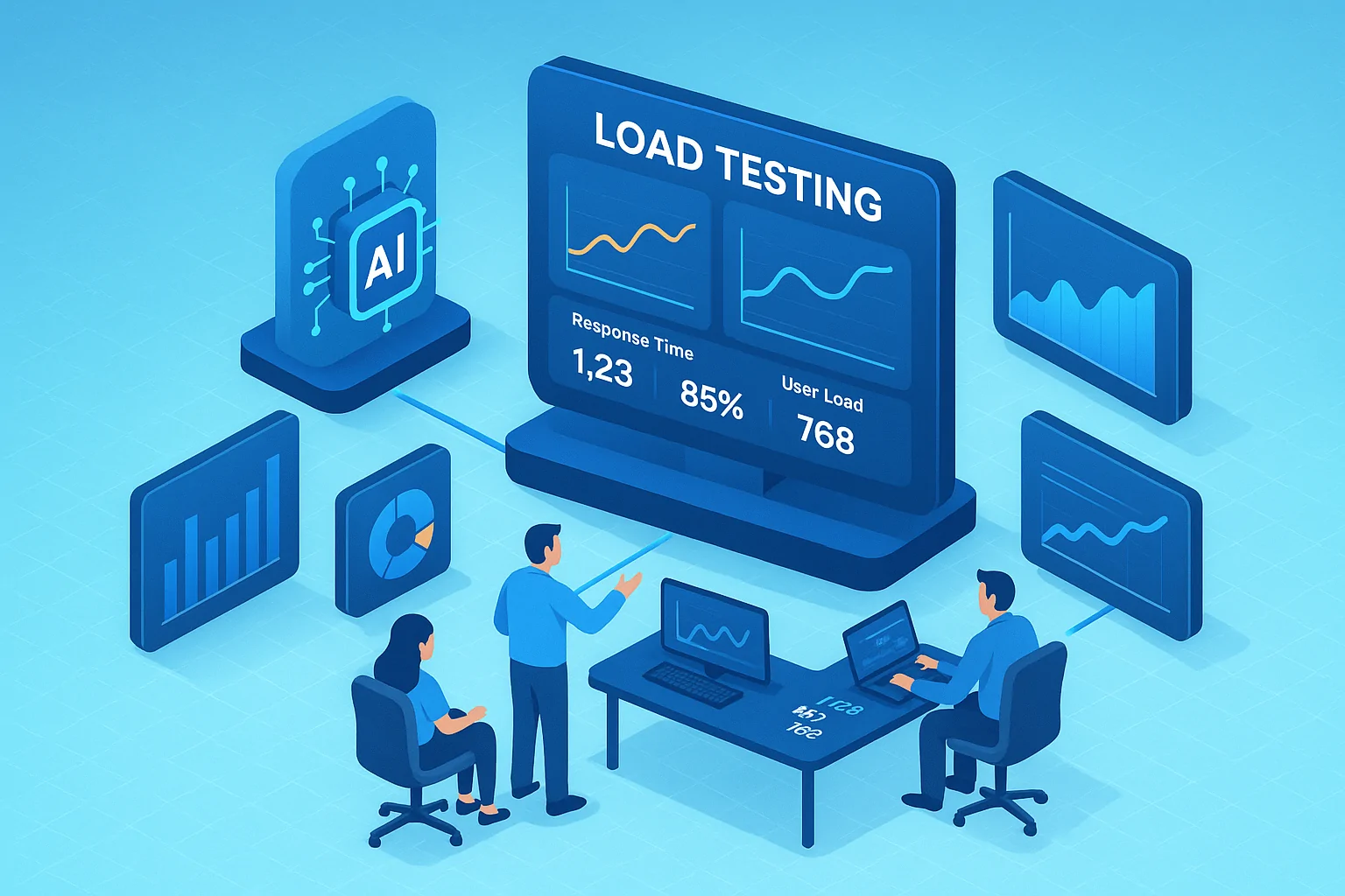 3D isometric render of AI-enhanced load testing