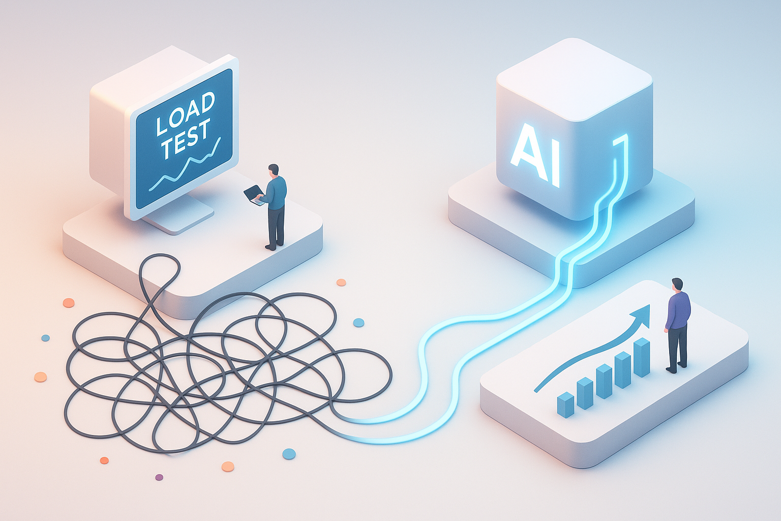 A futuristic, 3D isometric render of a digital landscape illustrating AI-enhanced load testing.