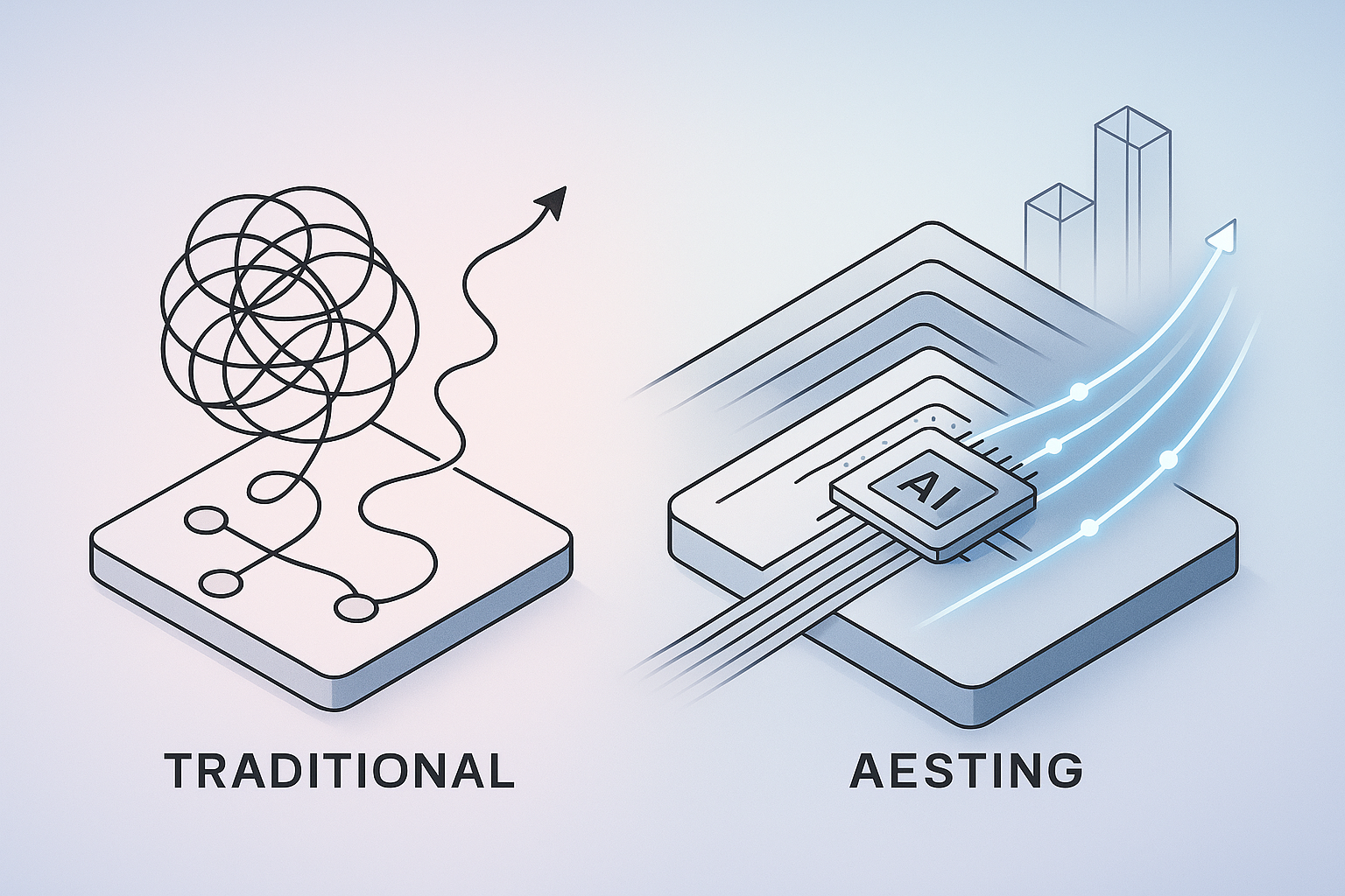 Vector line-art of a bustling highway versus a narrow path.
