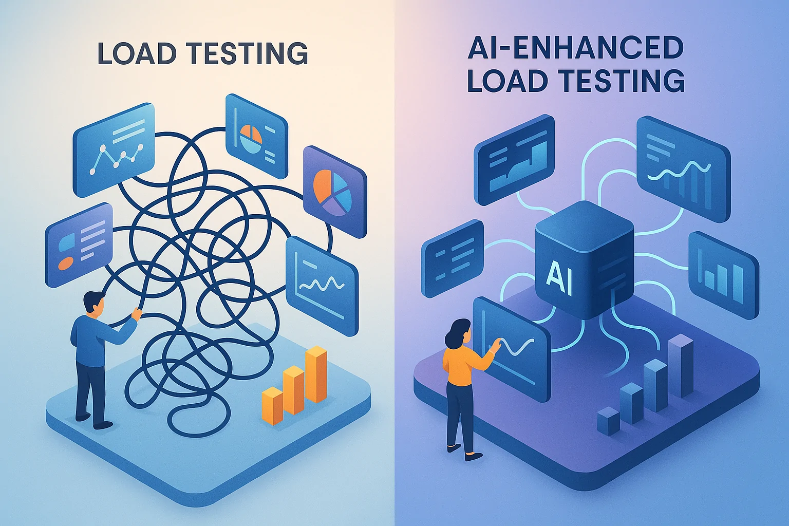 Photorealistic composite of a team of diverse engineers collaborating over a digital dashboard showing real-time AI load testing data.