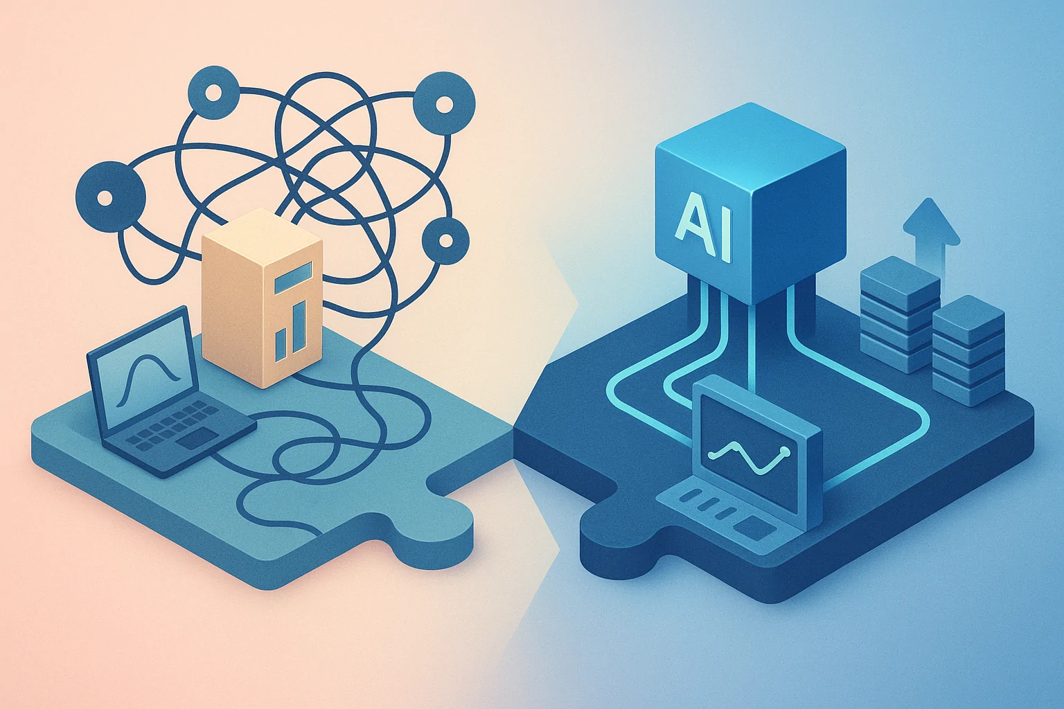 Illustrative paper-cut collage of a jigsaw puzzle coming together, representing the integration of AI and traditional methods.