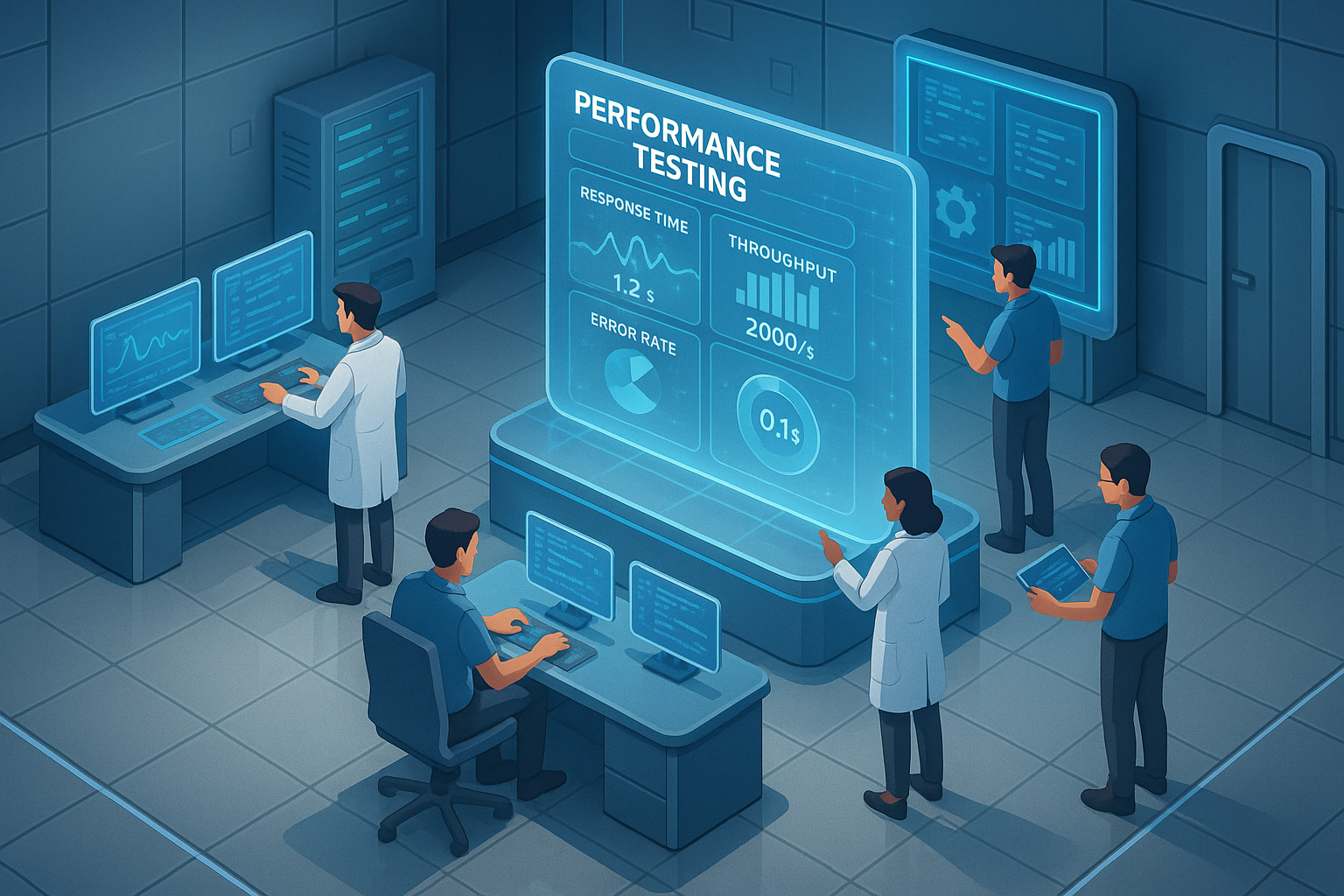 A detailed 3D isometric render showing a futuristic testing lab with developers and engineers analyzing data on multiple screens. The environment is clean and tech-savvy, reflecting the strategic importance of performance testing with holographic-like dashboards displaying metrics such as response time, throughput, and error rates. The mood is innovative and collaborative.