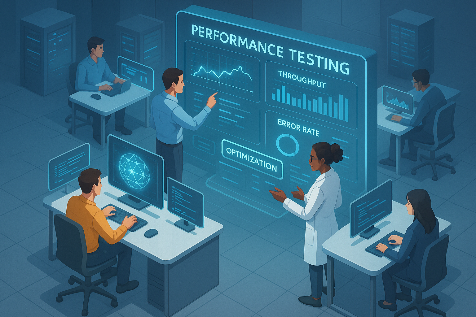 A photorealistic composite image illustrating engineers collaborating over a large digital display featuring live performance charts and optimization dashboards. The setting is a modern office with a diverse team discussing optimization strategies for software enhancement. The atmosphere is productive and forward-thinking.