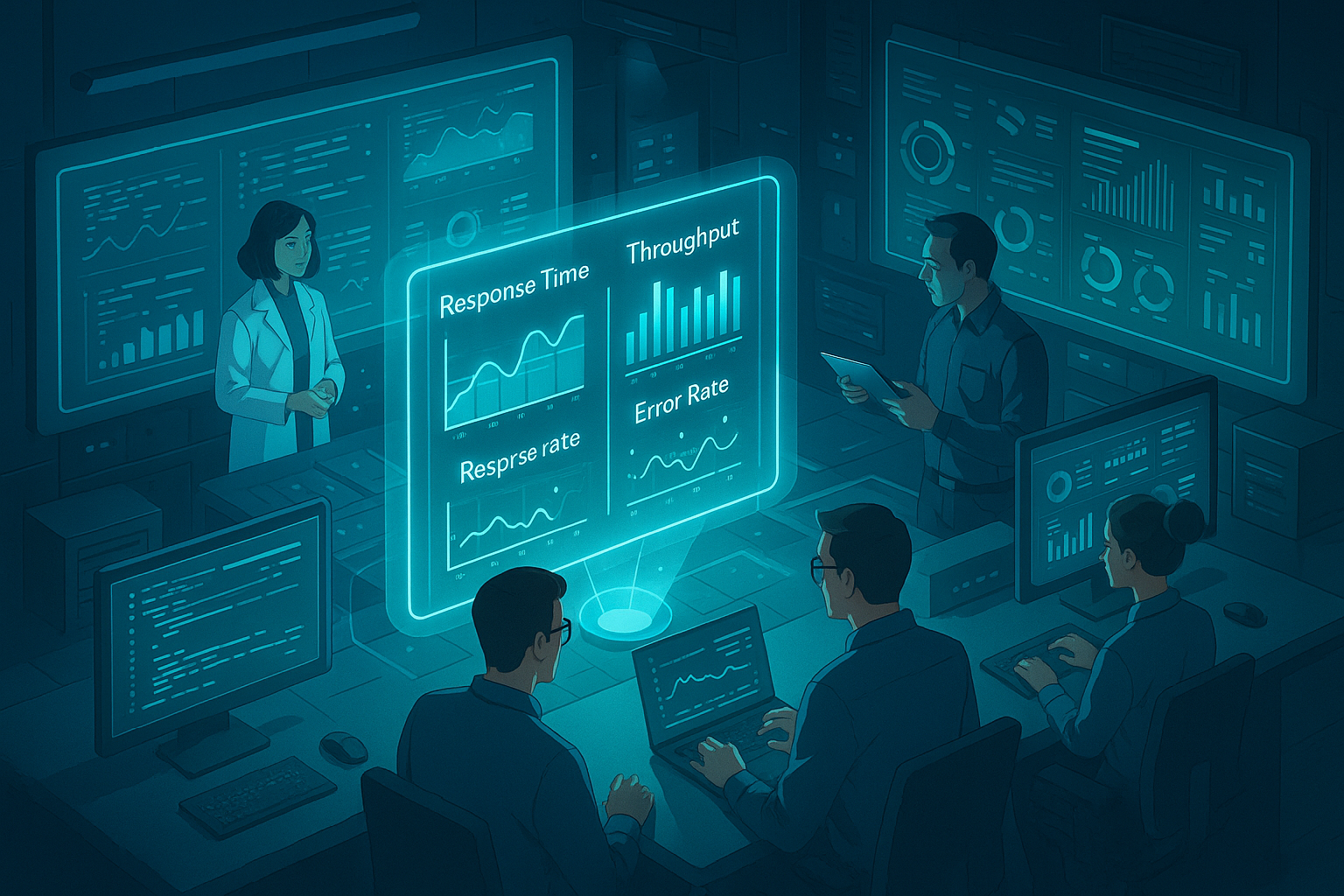 A cinematic illustration of a software ecosystem represented as a thriving digital landscape with nodes symbolizing optimized components such as databases, code, and caches. The landscape shows interconnectivity and flow, portraying the impact of optimization techniques on overall software performance.
