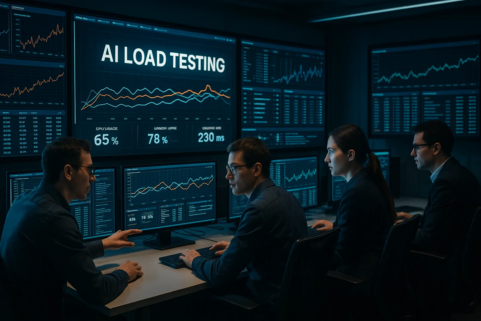 A photorealistic composite showing a futuristic control room with AI-driven load testing in progress. LCD screens display dynamic graphs and live data streams, illustrating real-time adjustments in a testing environment. Engineers collaborate, analyzing the data with focused expressions. The scene conveys a sense of high-tech efficiency and innovation.