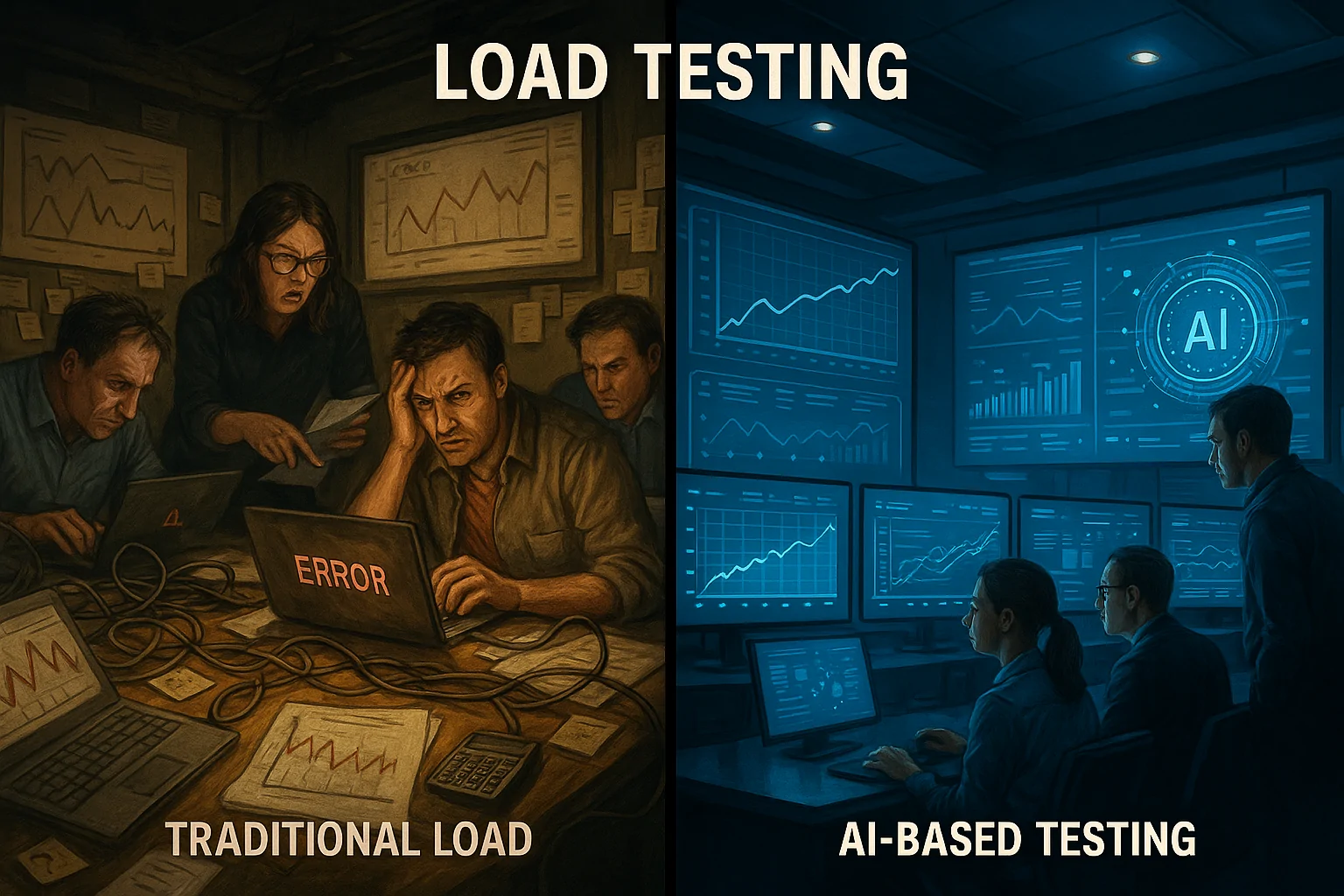 A cinematic illustration with a split-panel design. Left panel: chaotic and error-prone traditional load testing setup with complex manual processes. Right panel: streamlined, efficient AI-based testing environment, showing clear and optimized processes. The use of contrast signifies the transformation and improvement AI brings.