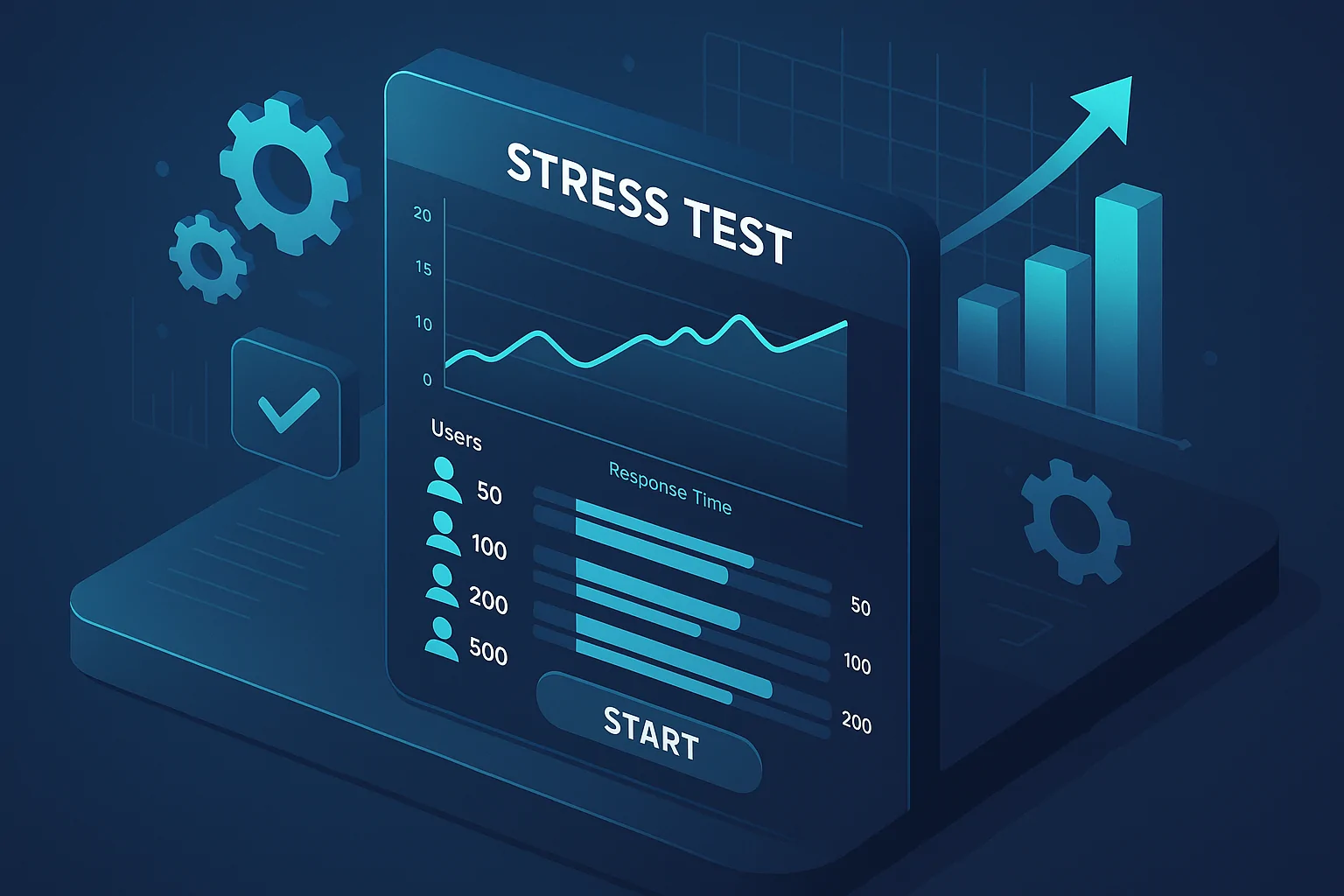 An isometric 3D render showing different stages of performance testing in software development. The foreground depicts a detailed UI of a stress test with varied user simulations, while the background features abstract symbols of scalability and system efficiency like gears and expanding graphs.