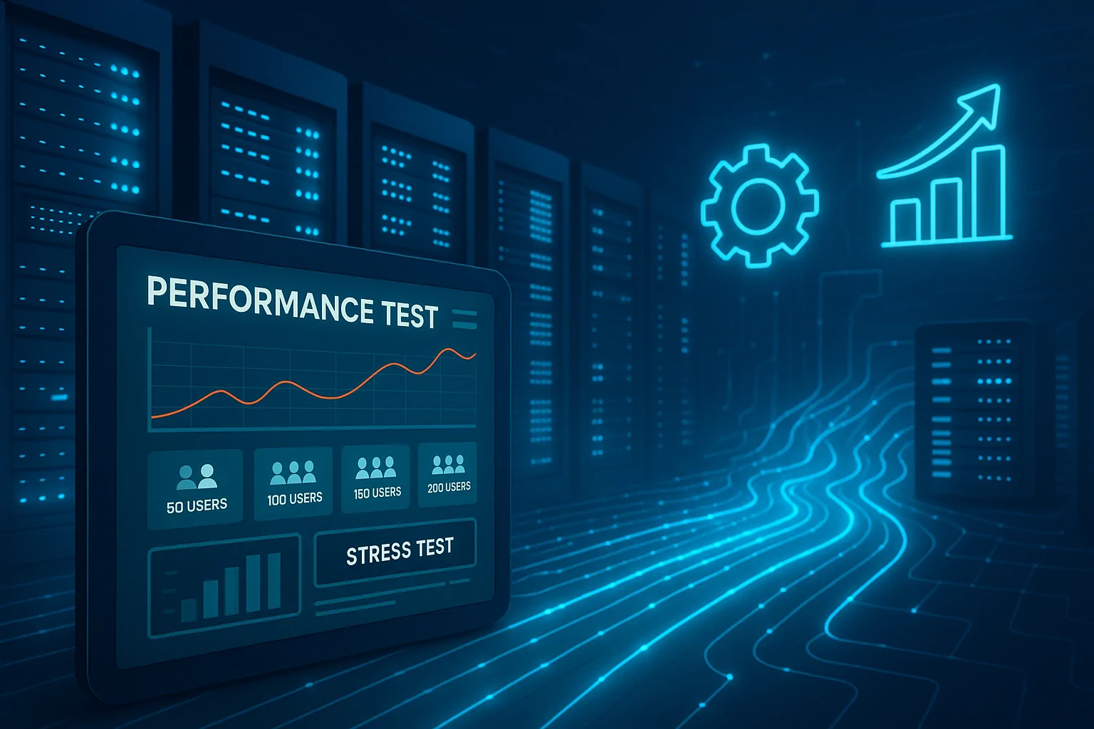 A cinematic illustration of a server room with glowing blue LED indicators symbolizing active performance testing and monitoring. Digital data streams flow like rivers between servers, symbolizing seamless enhancements to user experience and scalability.