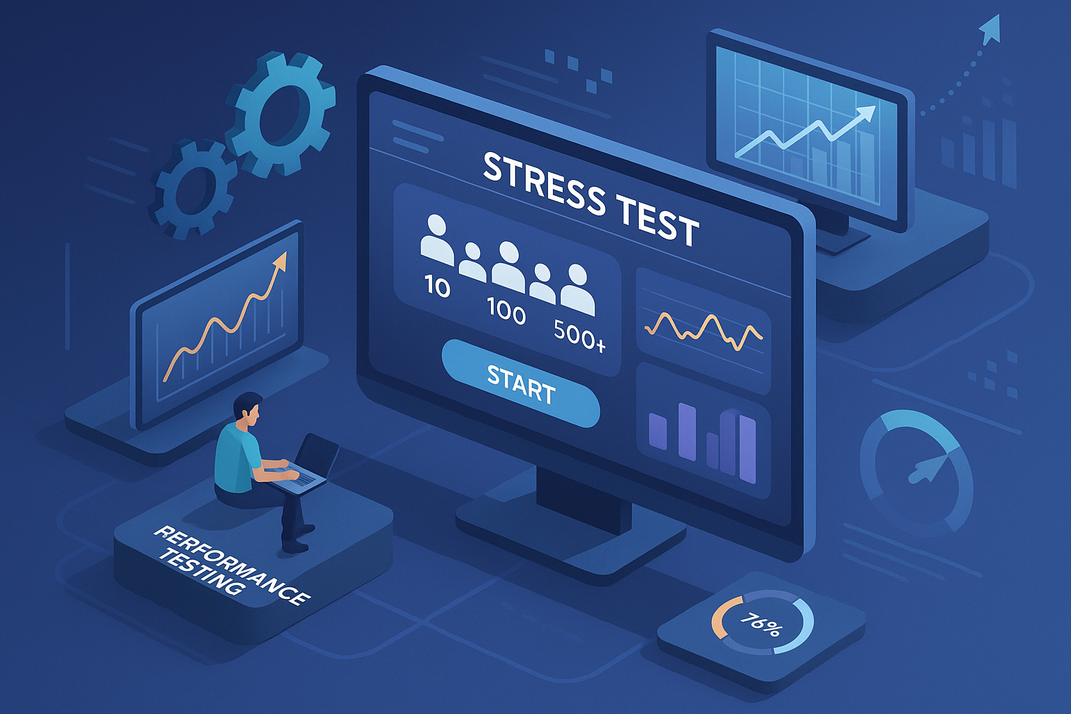 A photorealistic composite image depicting a collaboration scene: a diverse team in a modern office environment, analyzing performance testing dashboards on large screens, with data visualizations like real-time graphs and metrics.