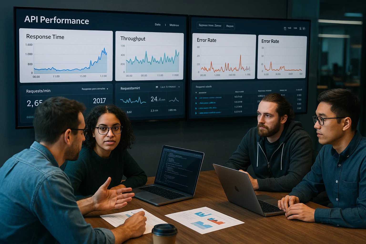 A photorealistic scene of a team of developers around a large table, discussing and analyzing API performance metrics displayed on multiple screens. The room has a modern tech aesthetic with real UI screenshots and graphs of response time, throughput, and error rate visible on the screens. The focus is on the collaborative effort and data-driven analysis.