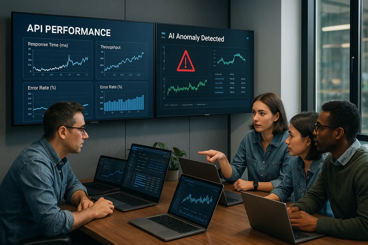 A vibrant, abstract illustration showing AI-driven tools and techniques in API testing. The image includes elements like a neural network made of circuit paths, data packets flowing along them, and an automated dashboard with AI anomaly detection in action. The composition focuses on futuristic AI integration in API testing.