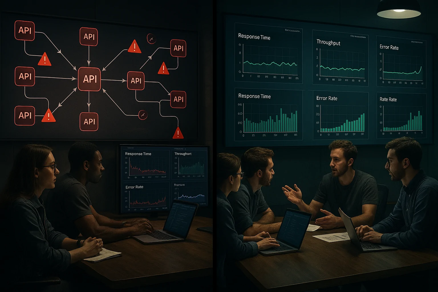 A cinematic illustration showing a before-and-after scenario of an API system: Left side, an API network experiencing bottlenecks and failures with red warning icons; Right side, a smoothly running API network with green checkmarks, representing successful implementation of load testing strategies.