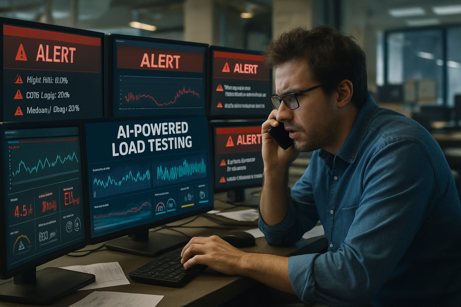 Inside an AI-Driven QA Department A photorealistic composite showing a busy QA lead at their desk, surrounded by multiple screens displaying AI-powered load testing dashboards. One screen shows detailed metrics graphs, others display alerts. The office environment is modern, with soft lighting and a slightly chaotic feel, representing the high stakes of real-time monitoring.
