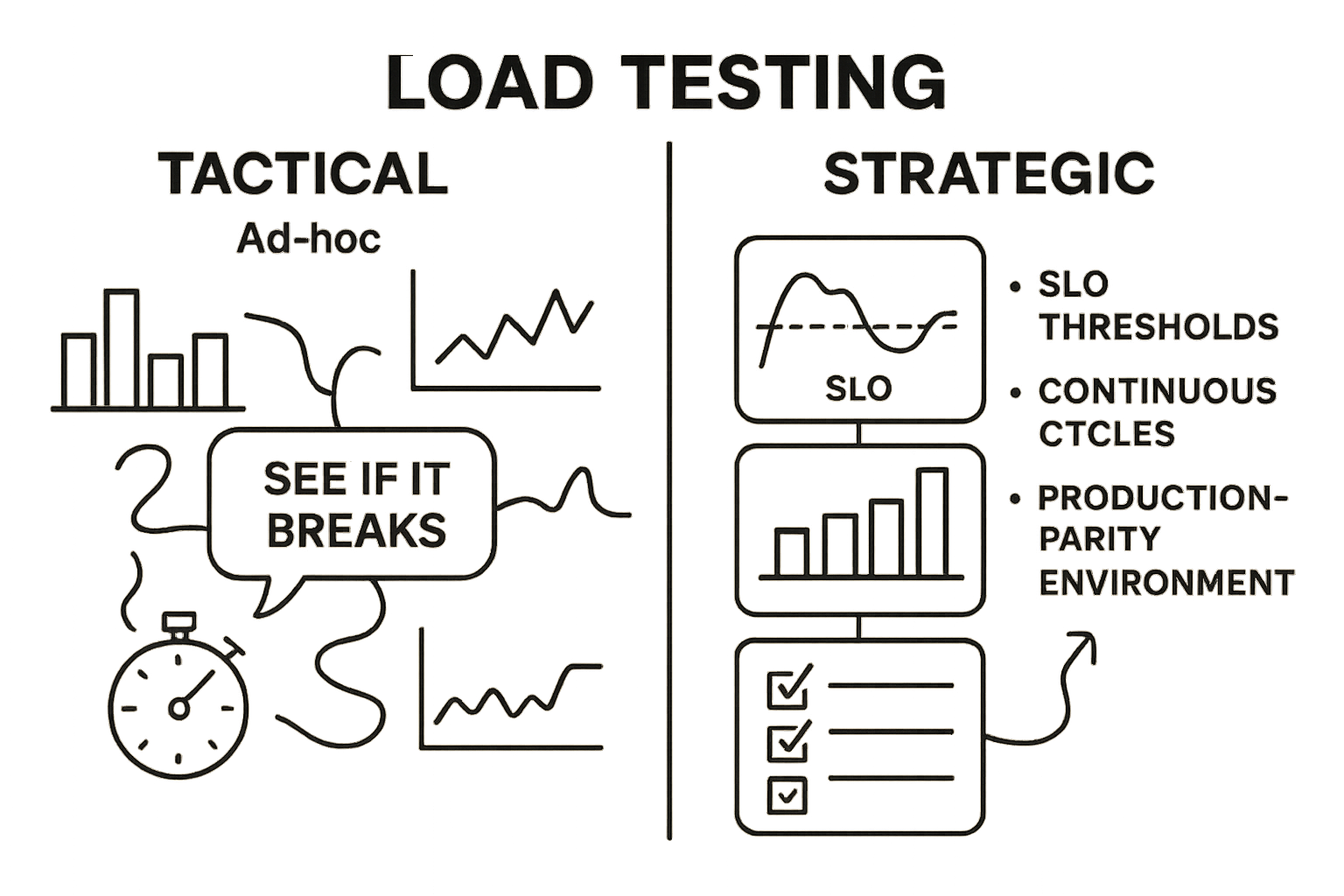 Strategic vs Tactical Load Testing A detailed infographic comparing tactical versus strategic load testing.