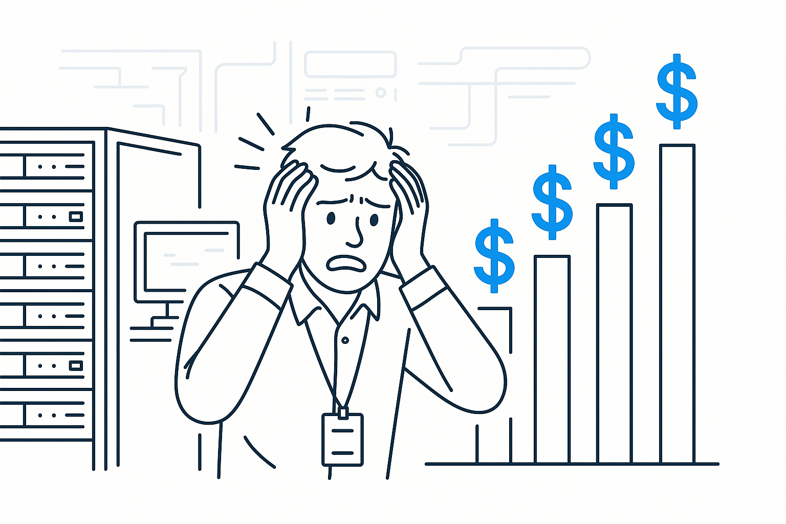 The Per-VU Pricing Trap A vector line-art illustration of a performance engineer in a data center, overwhelmed by rising virtual user costs, represented by dollar signs ascending like a bar graph. Style: minimalist, monochrome with RadView Blue highlights, focusing on financial stress and technical complexity.