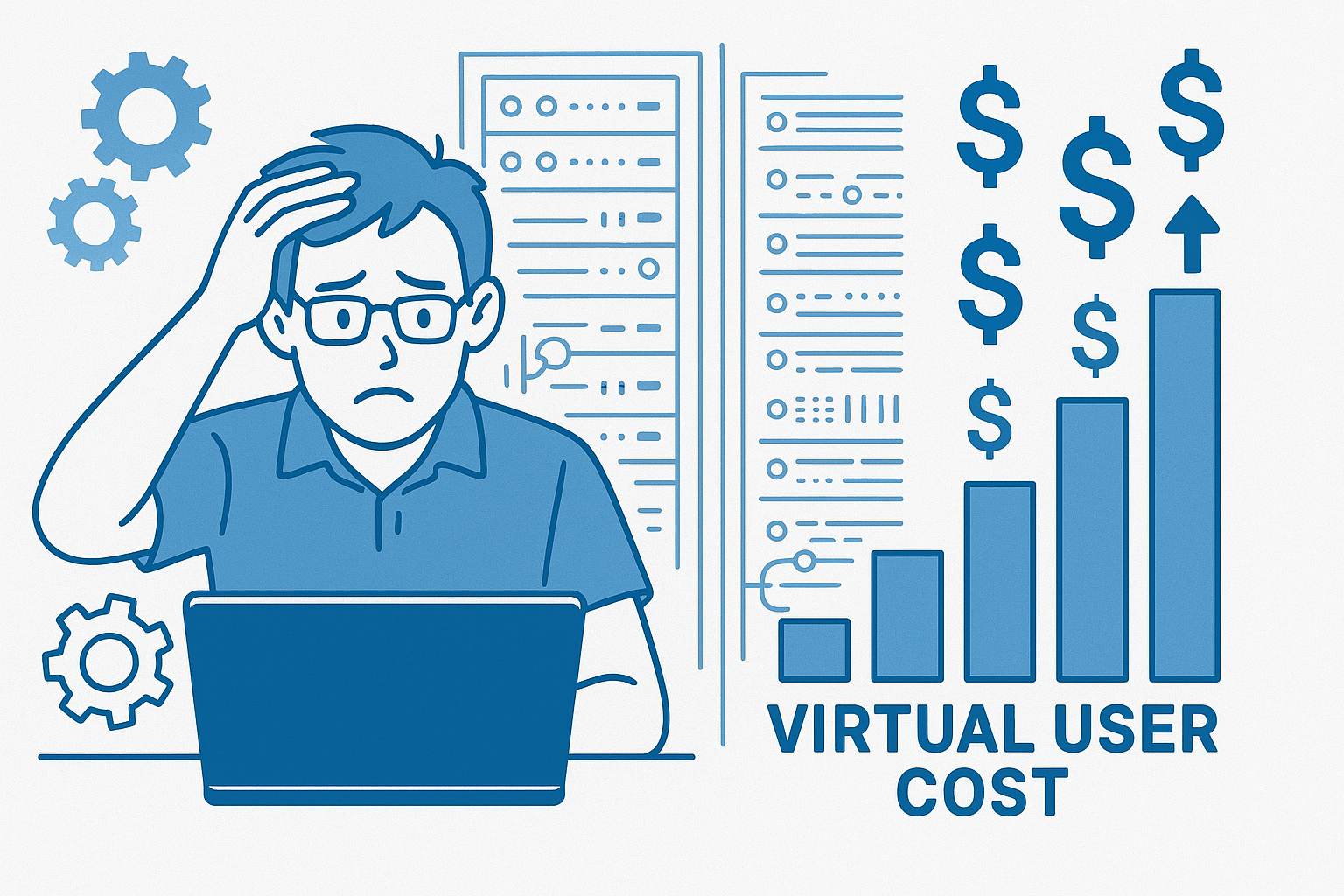 Scripting Complexity Showdown A cinematic illustration showing a frustrated developer tangled in outdated script code and a modern developer efficiently handling a clean JavaScript script. Style: vibrant, contrasting colors, split-panel design illustrating the learning curve disparity in LoadRunner vs modern tools.