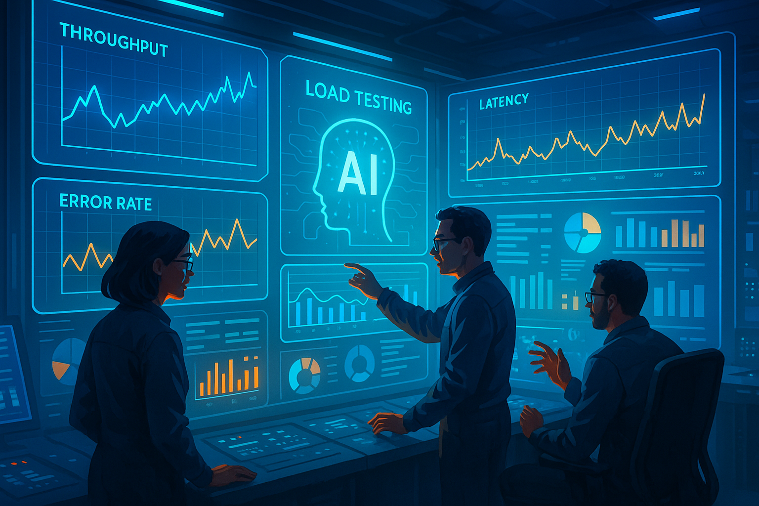 A futuristic control room with a holographic interface, engineers visually interacting with AI-driven load testing metrics and data charts. They are collaborating in front of large digital screens displaying real-time analytics with vivid, clear graphical representations of throughput, error rates, and latency trends. Style: modern tech environment, cinematic illustration, vibrant lighting, teamwork-focused.