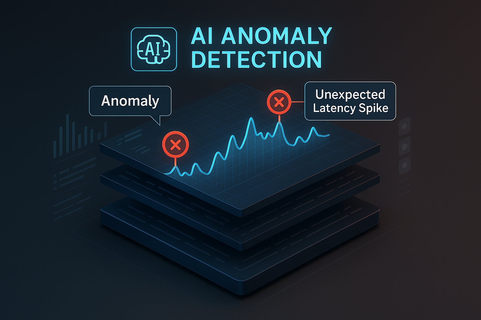 AI Anomaly Detection in Action A 3D isometric render showcasing an AI anomaly detection system. It displays layers of data with callouts to specific anomalies, such as unexpected latency spikes. The environment uses futuristic UI elements and a dark gradient background, symbolizing advanced technology and intricate data relationships.
