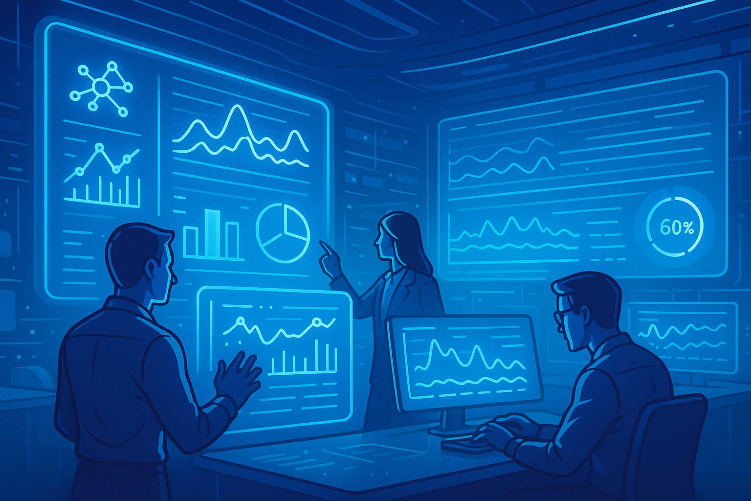 AI in Software Delivery Lifecycle An AI-powered dynamic flowchart illustrating the software delivery lifecycle stages where intelligent testing is embedded: from shift-left testing in development to continuous production monitoring. Each stage shows a visual representation of traffic simulations and performance metrics analysis. Style: vector line-art, minimalist design, clear annotations, using soft blues and whites.
