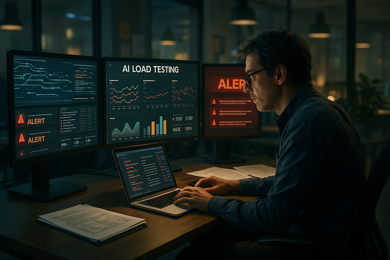 AI vs. Traditional Load Testing A cinematic illustration comparing AI load testing tools with traditional methods. On the left, an AI-driven automation setup with glowing paths and virtual data flow. On the right, manual testing equipment with physical dashboards and paper scripts. The scene conveys a contrast between modern AI tools and traditional testing methods.