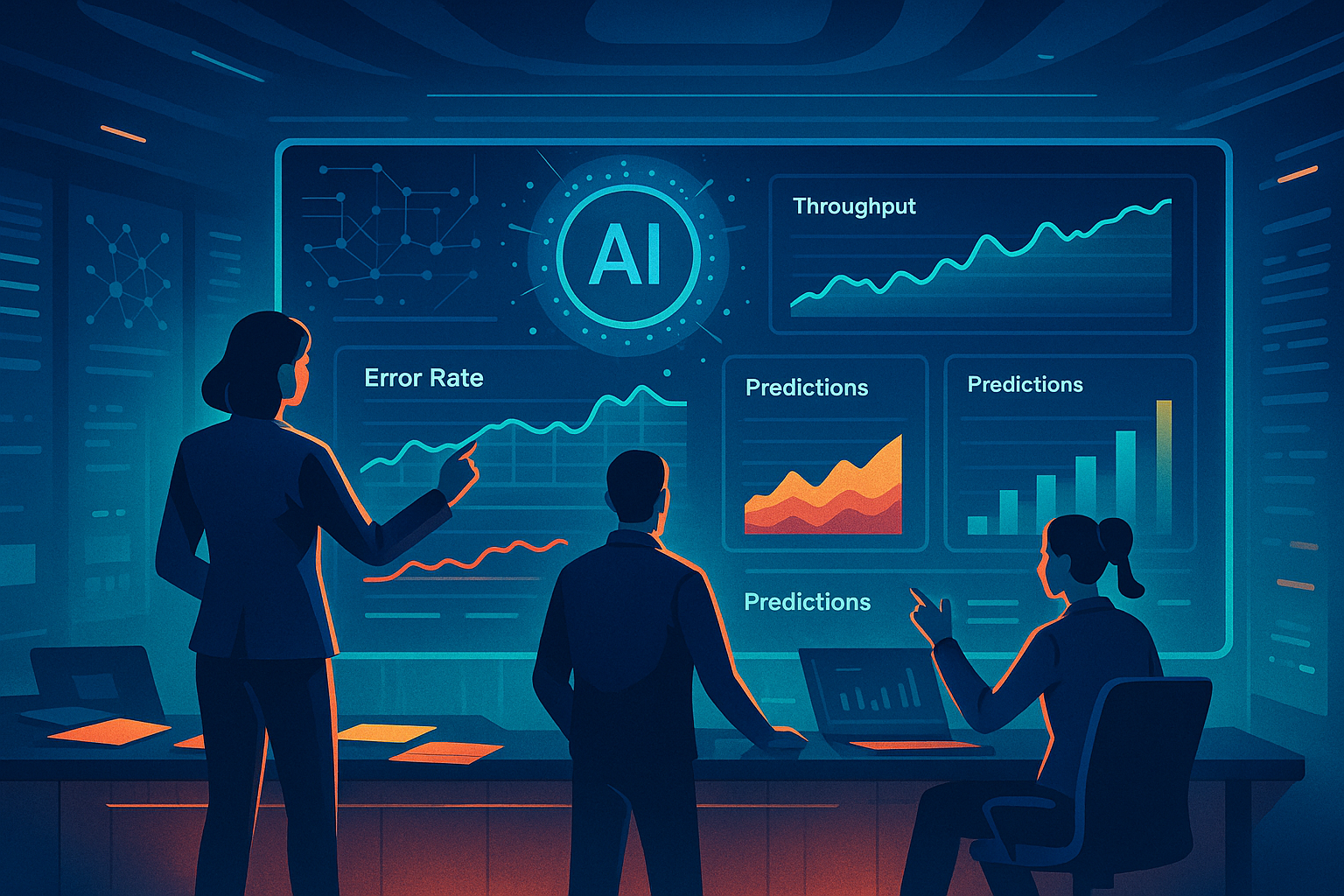 Manual vs AI Load Testing A side-by-side comparison of manual and AI-assisted load testing processes. On the left, a cluttered desk with many handwritten scripts and an engineer manually analyzing data. On the right, a sleek digital dashboard showing AI-generated insights and predictions, the engineer effortlessly reviewing results. Style: paper-cut collage, contrasting clutter versus organization, innovative versus traditional.