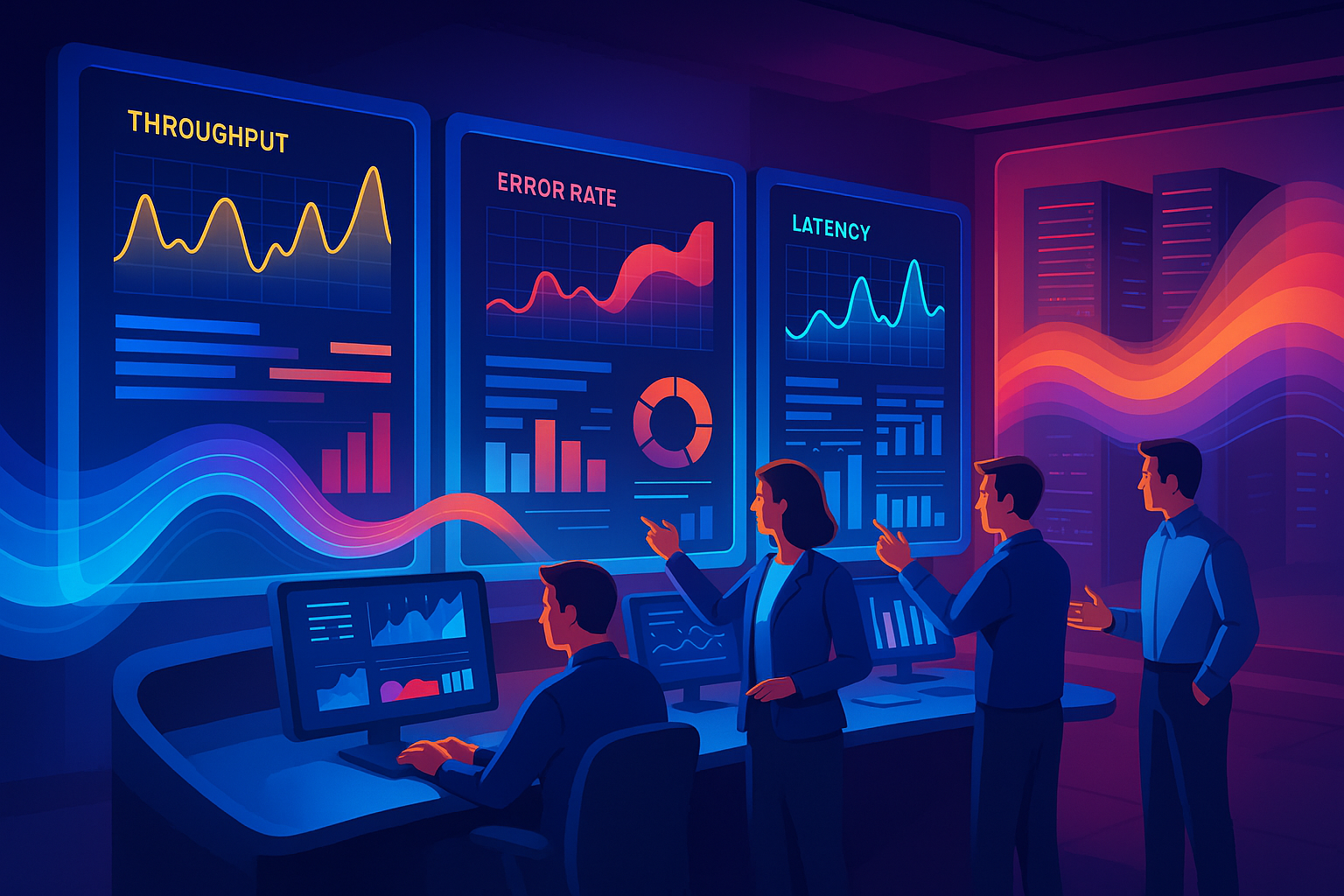 AI-Driven Capacity Planning An isometric 3D render of a data center with visual elements representing predictive capacity planning. AI models are illustrated as abstract waves flowing around servers, predicting traffic spikes and capacity needs. The render emphasizes efficient data flow and resource optimization in a vibrant, tech-savvy setting. Style: 3D isometric render, bright and futuristic, emphasizing AI integration.
