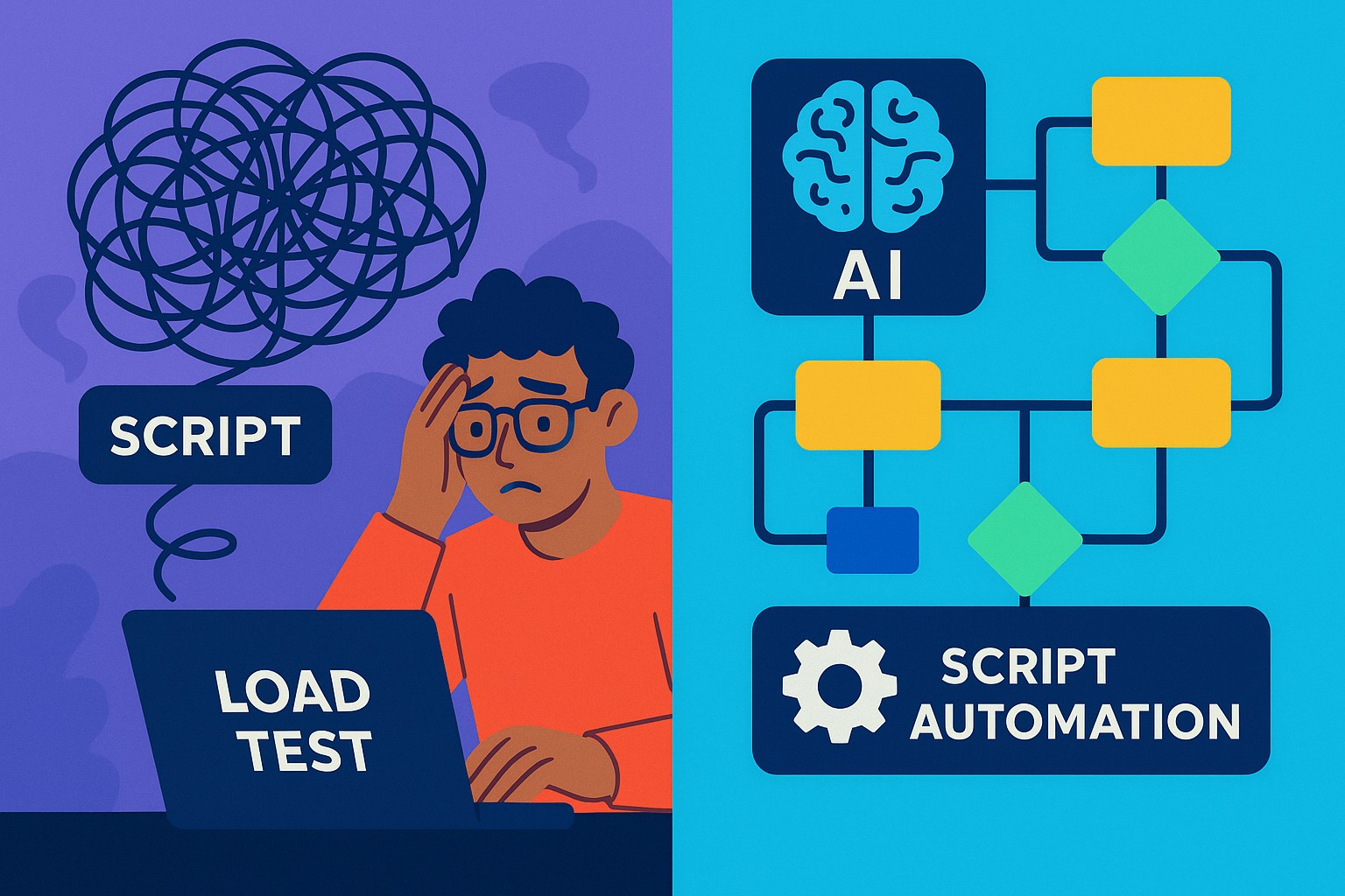 Transforming Load Testing with AI An illustrative split-panel showing a QA engineer overwhelmed by complex, tangled load test scripts on the left side, and on the right side, AI-powered tools organizing and simplifying the load testing process, represented by clean, systematic flowcharts and script automation icons. Style: modern flat design, vibrant colors to convey clarity and efficiency, slightly abstract.