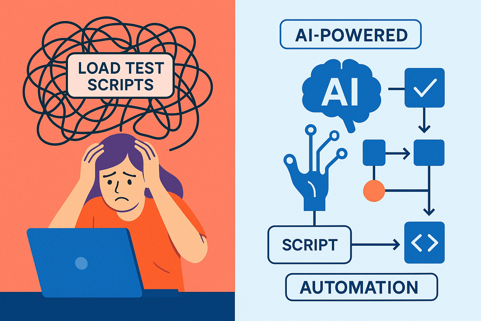 AI Integration in CI/CD Pipelines A detailed vector line-art diagram showing the integration of AI-powered load testing into a CI/CD pipeline, highlighting key stages such as automated script generation, adaptive workload modeling, and anomaly detection. The diagram should include annotations and icons to clearly illustrate the seamless flow and interaction. Style: minimalistic with RadView blue highlights.
