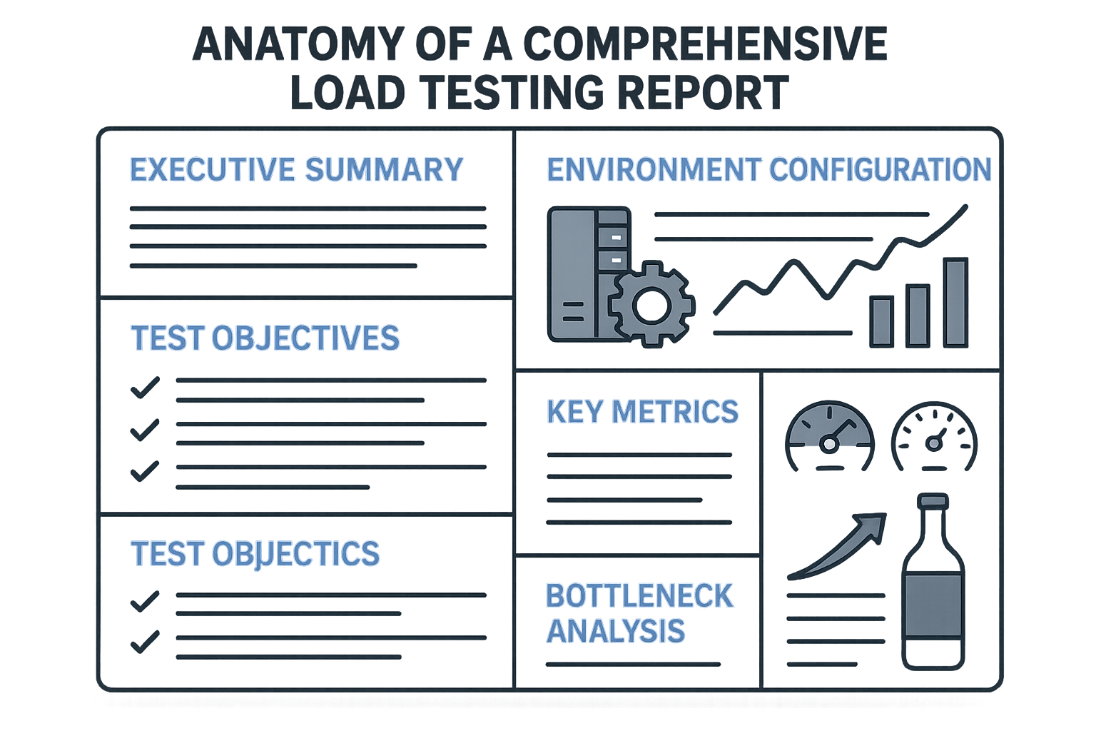 Load Testing Report Anatomy A stylized, detailed infographic showing the anatomy of a comprehensive load testing report. Include sections titled 'Executive Summary', 'Test Objectives', 'Environment Configuration', 'Key Metrics', and 'Bottleneck Analysis'.