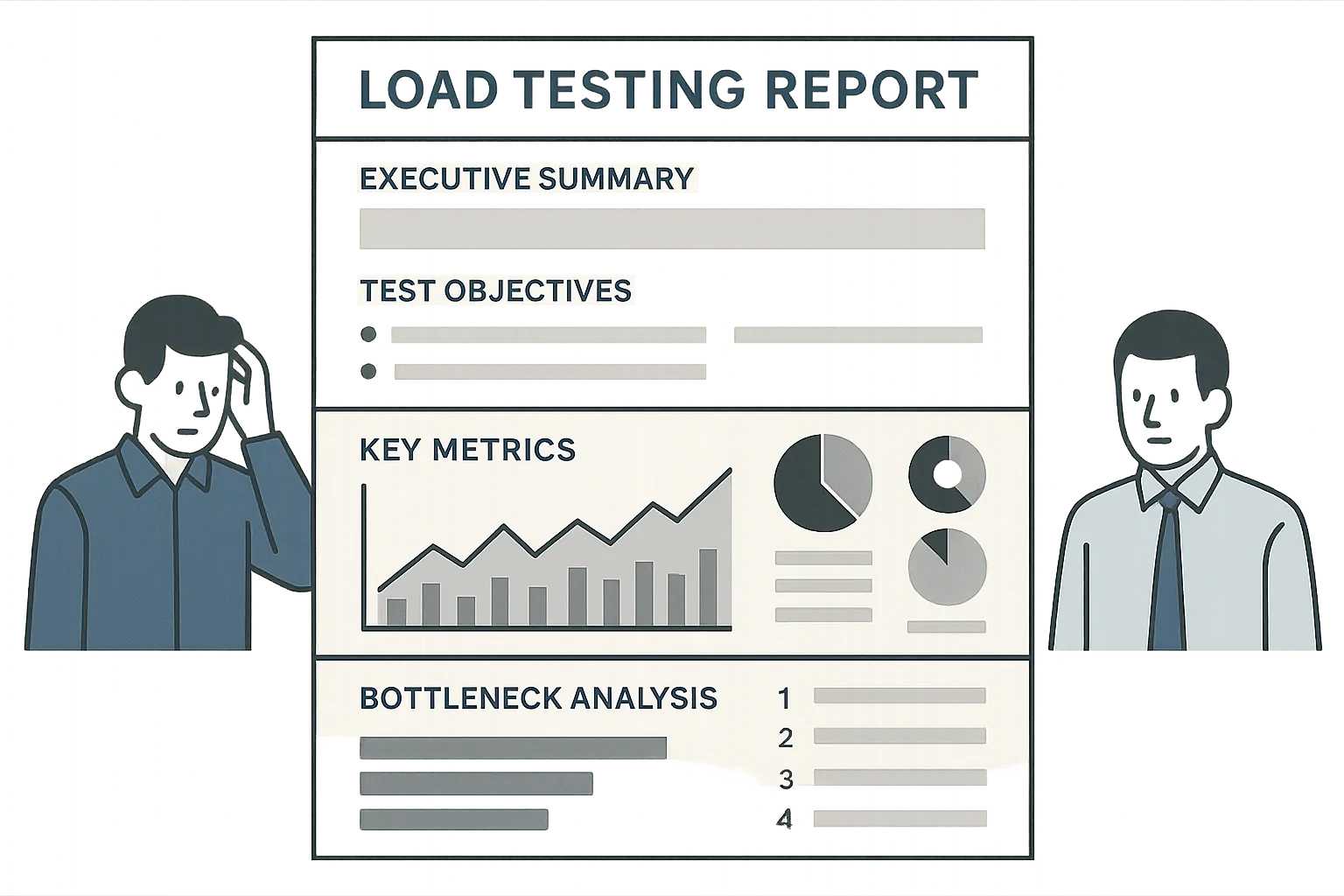 Clarity in Reporting A dynamic split-panel graphic illustrating the 'Technically Correct, Practically Useless Report Problem'. Left panel: crowded graphs and technical data overwhelming a disoriented executive. Right panel: a clean, concise report with actionable insights, calming the executive.
