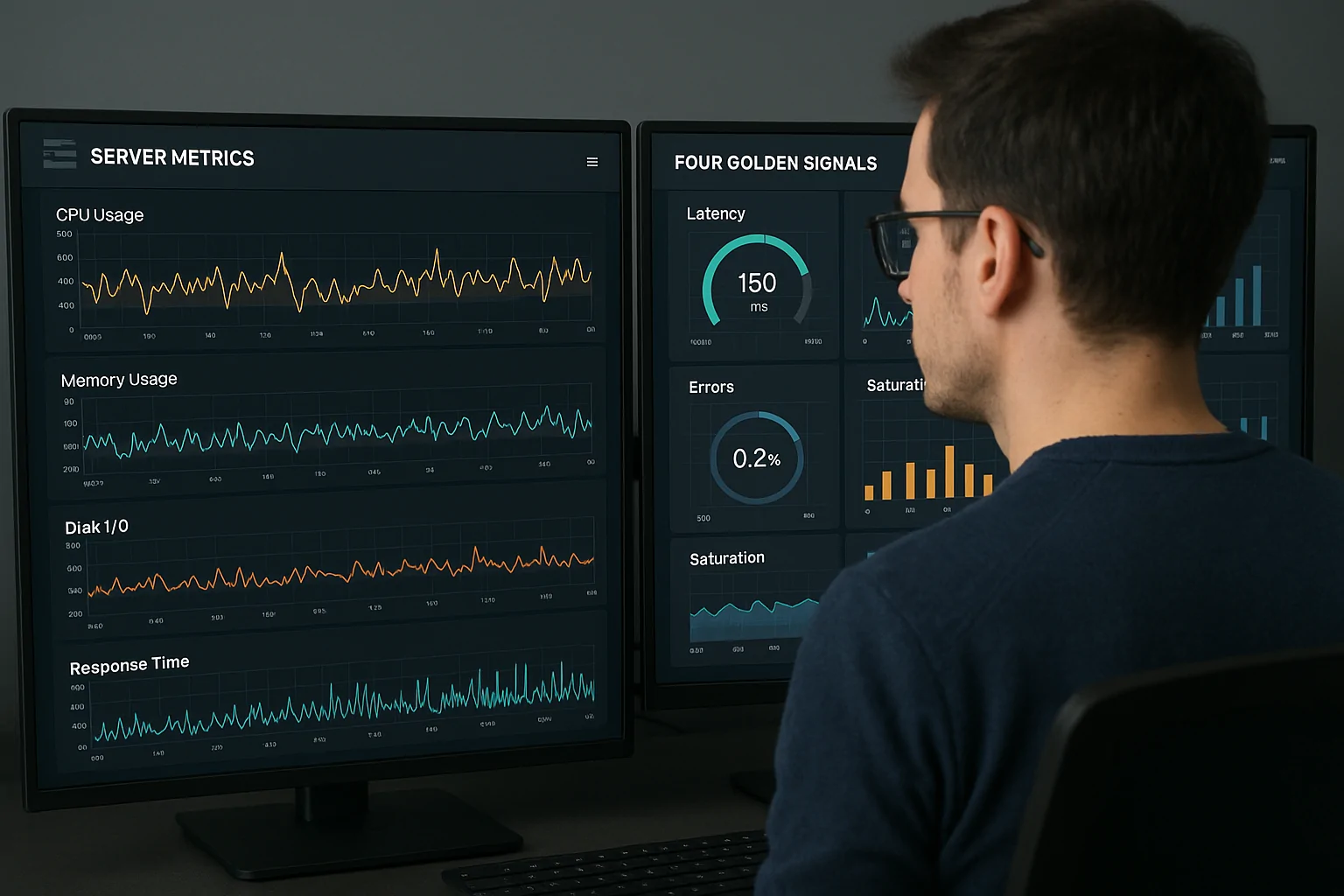 The Four Golden Signals Display A photorealistic, over-the-shoulder view of a software engineer examining a dual-monitor setup. The left monitor shows complex graphs of server metrics like CPU usage and response times, while the right monitor displays a detailed dashboard visualizing the Four Golden Signals: latency, traffic, errors, and saturation.