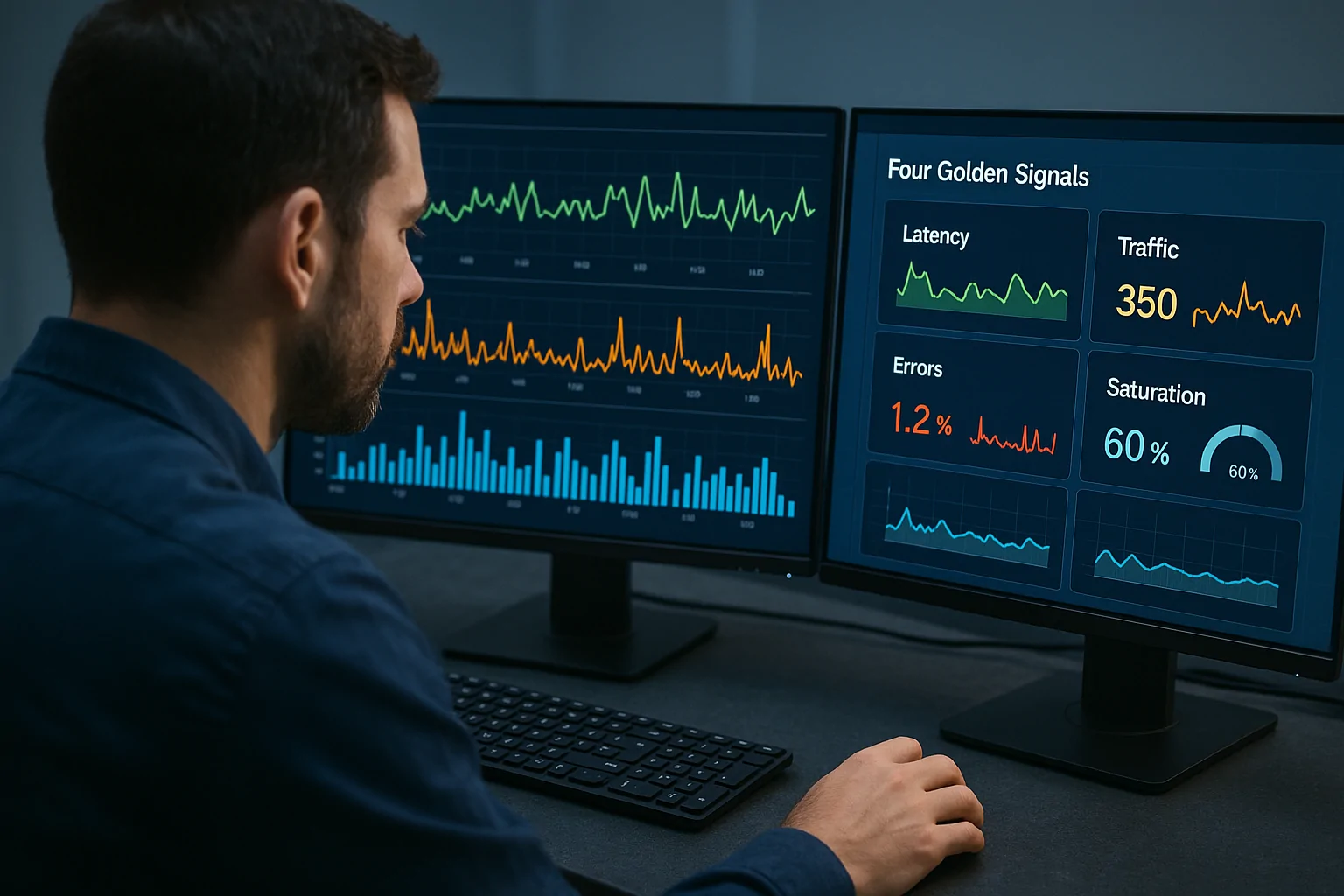 Bridging the Environment Gap A 3D isometric render showing a server room filled with glowing 32-core machines on one side and smaller, dimly-lit staging machines on the other. A pathway symbolizing the gap between testing environments is vividly highlighted in RadView Blue.
