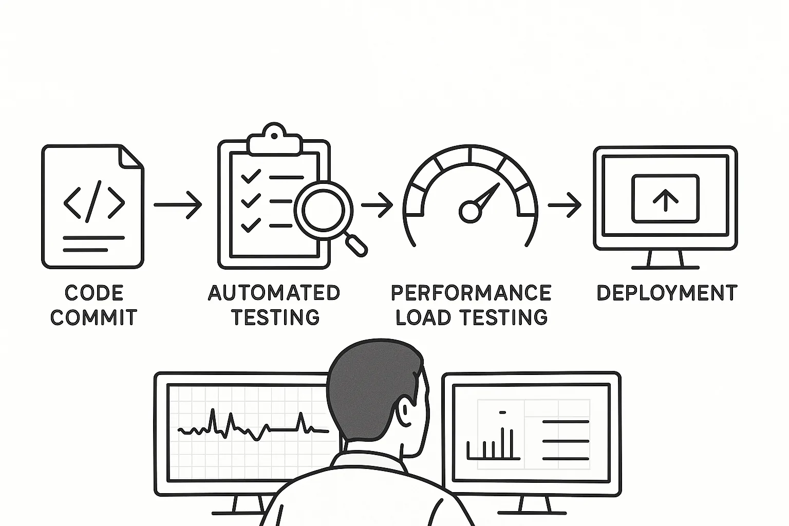 Continuous Integration Load Testing Pipeline Illustrative, vector line-art depiction of a CI/CD pipeline. Key stages include 'Code Commit', 'Automated Testing', 'Performance Load Testing', and 'Deployment'. Each stage is connected by arrows showing direction.