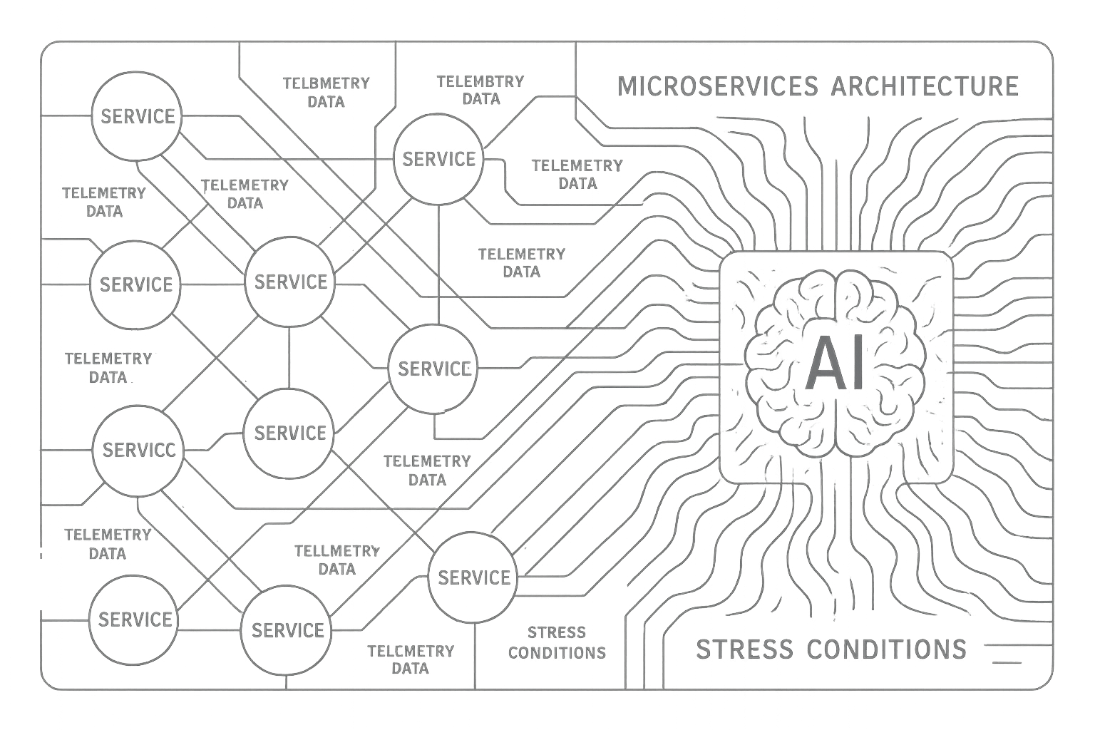 Microservices Complexity with AI A detailed, dark-themed vector line-art diagram illustrating the complexity of a microservices architecture. Multiple interconnected services represented by nodes, with lines of telemetry data flowing between them. An abstract depiction of AI algorithms sifting through the data under stress conditions.