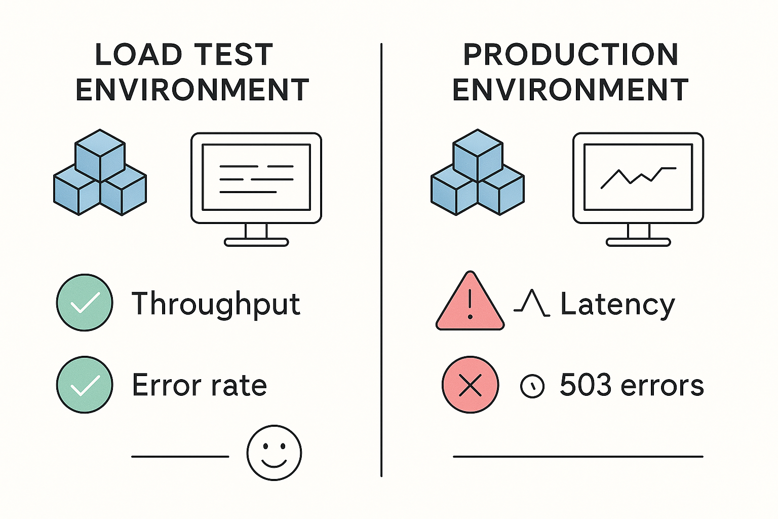 Monitoring Load Test Phases An engaging 3D isometric render of a load test control room with monitoring screens displaying different phases of a test: ramp-up, steady-state, and ramp-down. Engineers are shown adjusting settings, reflecting active monitoring and calibration during tests.