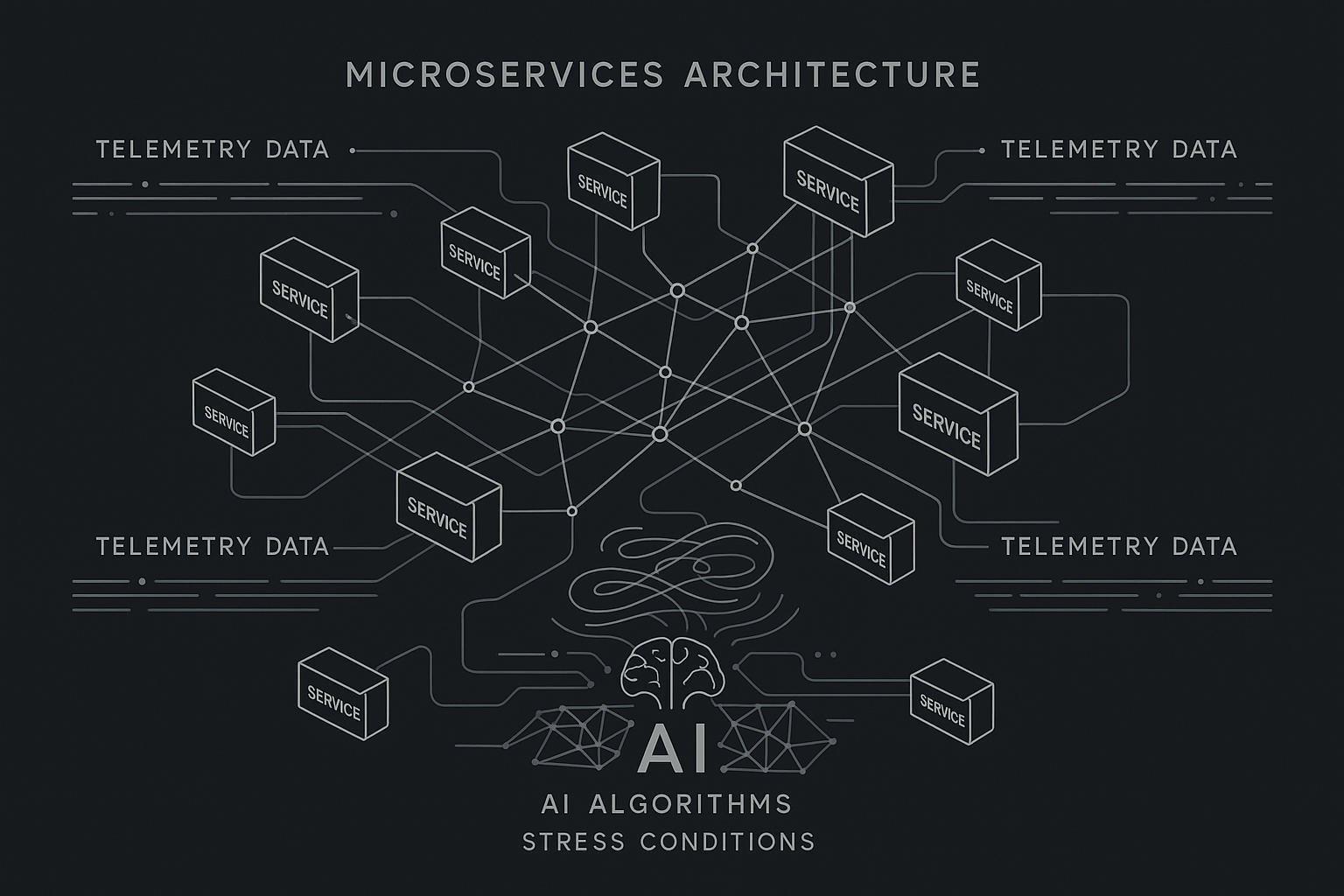 AI Anomaly Detection System A 3D isometric render of an AI-based anomaly detection system. Multiple layers showing data inputs, model processing, and output alerts. The model's neural network structure highlighted, with anomaly flags marked in red.