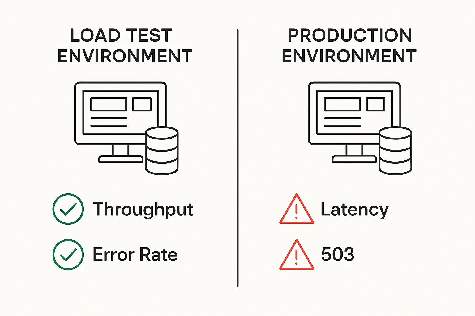 Load Test Vs Production Reality An illustrative diagram showing a load test environment and a production environment in parallel. The load test environment is depicted with idealized green check marks for metrics like throughput and error rate, while the production environment shows red error indicators for high latency and 503 errors.