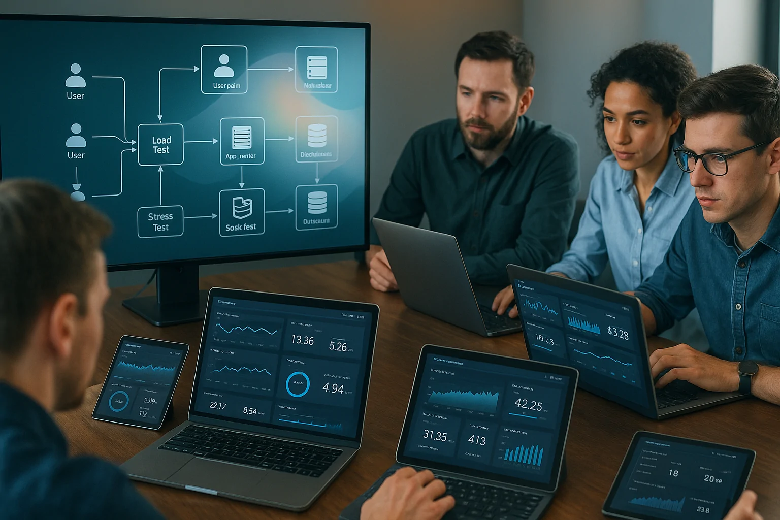 Differentiating Testing Types A cinematic illustration of a complex load testing scenario depicting network diagrams and user flow charts. The foreground shows a computer screen with a realistic representation of a software tool mapping out user paths and server interactions, labeled with terms like 'Load Test', 'Stress Test', and 'Soak Test'. Background shows application flows through various system components, highlighted by soft gradients. Style: detailed, slightly abstract.