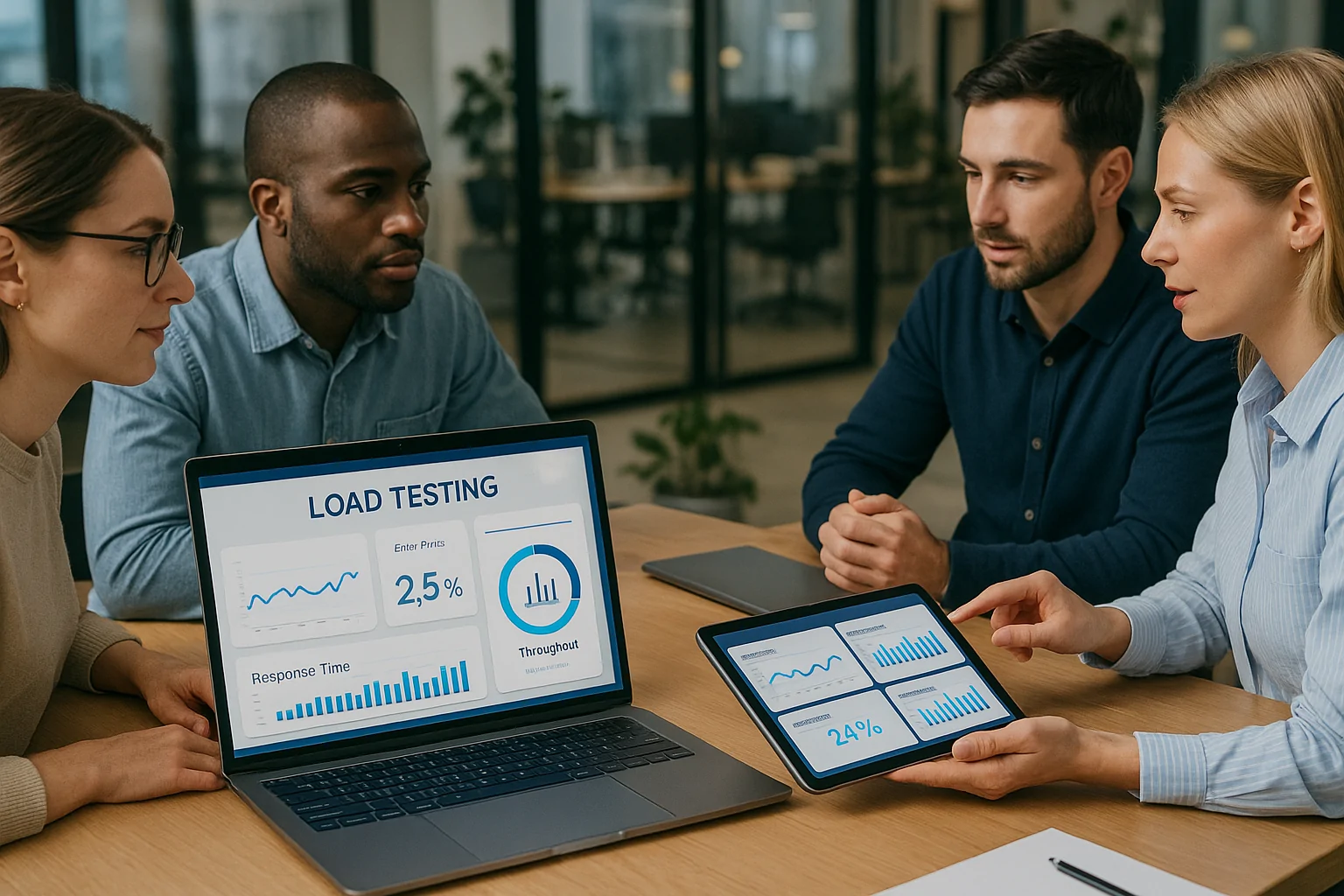 Load Test Environment Blueprint A paper-cut collage of a load test environment setup, featuring layered elements like servers, database icons, cloud nodes, and test users. Central focus is a data server with connections extending out to various nodes labeled by roles like 'Web Server', 'Database', and 'Load Generator'. Light background with RadView Blue highlights on connection paths. Style: artistic, yet informative.