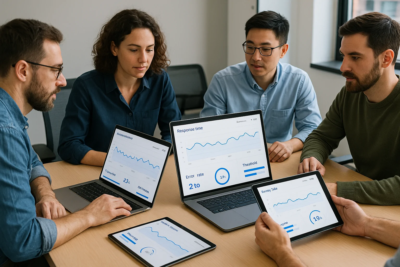 Metrics in a Load Testing Lab A 3D isometric render of a futuristic load testing lab, displaying a holographic dashboard overlaid in front of workstations. The dashboard showcases animated graphs and test metrics in real-time, with terms like 'Throughput', 'p95 Latency', and 'Error Rate'. Style: sleek, sci-fi tech setting.