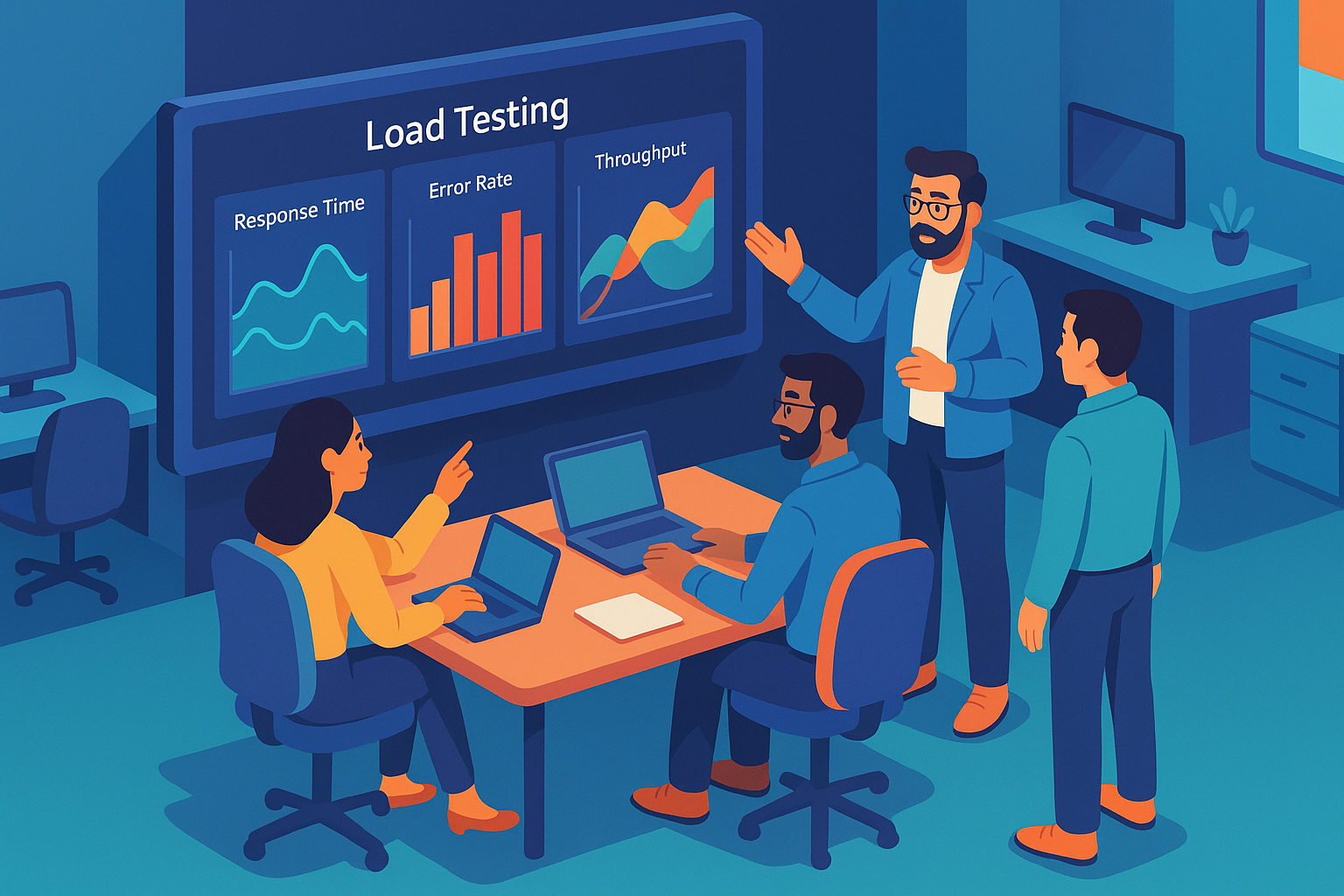 Engineers Analyzing Load Testing Metrics A modern, isometric 3D render featuring a tech office with a team of engineers gathered around a large screen displaying complex graphs representing load testing metrics such as response time, error rates, and throughput. The scene is vibrant and dynamic, capturing a moment of focused collaboration and analysis.