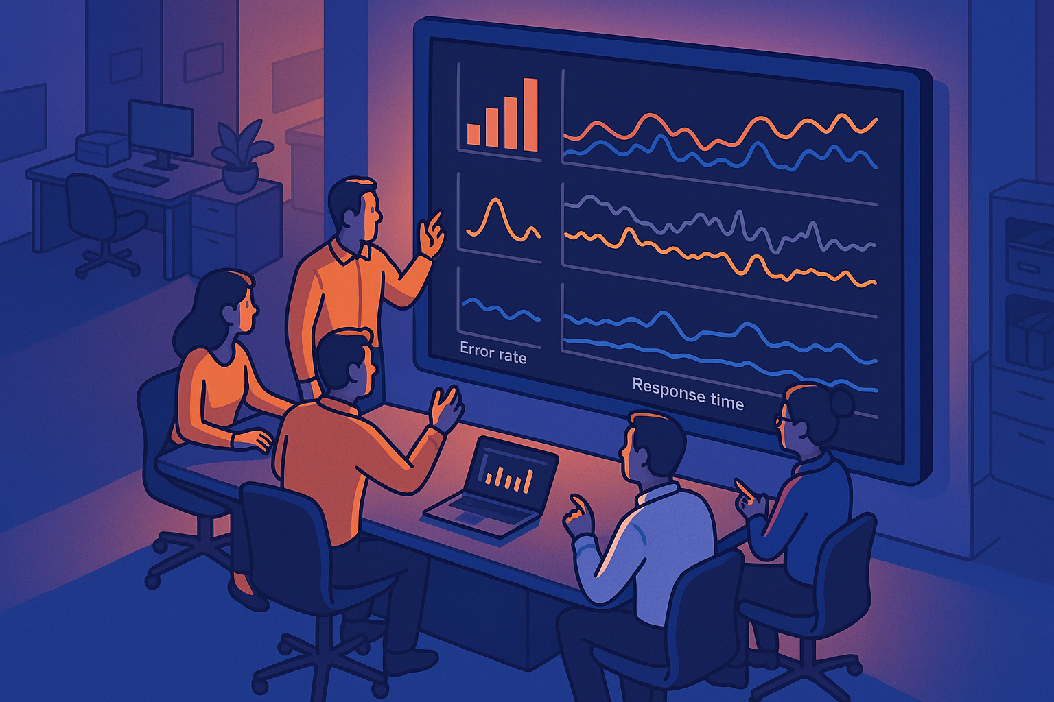 Visualizing the Four Golden Signals A detailed vector line-art of Google's Four Golden Signals concept. Display a dashboard view with quadrants labeled Latency, Traffic, Errors, and Saturation, showing different visual indicators like bar charts, pie charts, and graphs representing these key metrics. Style should be clean and minimalistic with a data-centric focus.