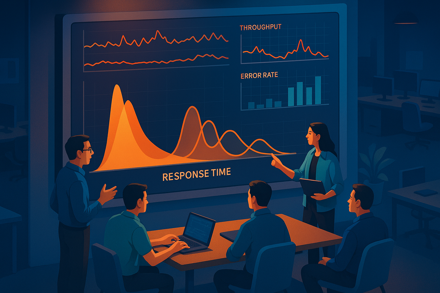 Analyzing Response Time Distributions A cinematic illustration of a response time histogram. Show two distinct distribution curves: one right-skewed indicating tail latency, and another bimodal. This abstract representation should convey the concept of response time analysis visually, with a focus on understanding performance bottlenecks.