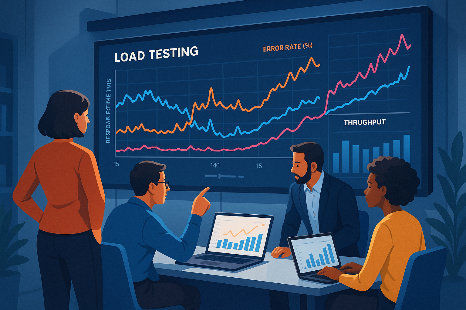 Monitoring System Saturation and Throughput A photorealistic composite showing a digital dashboard with real-time graphs and metrics displaying throughput capacity and saturation limits of a system under load. The dashboard should include elements like CPU utilization, memory usage, and connection pool metrics in an organized and neat layout.